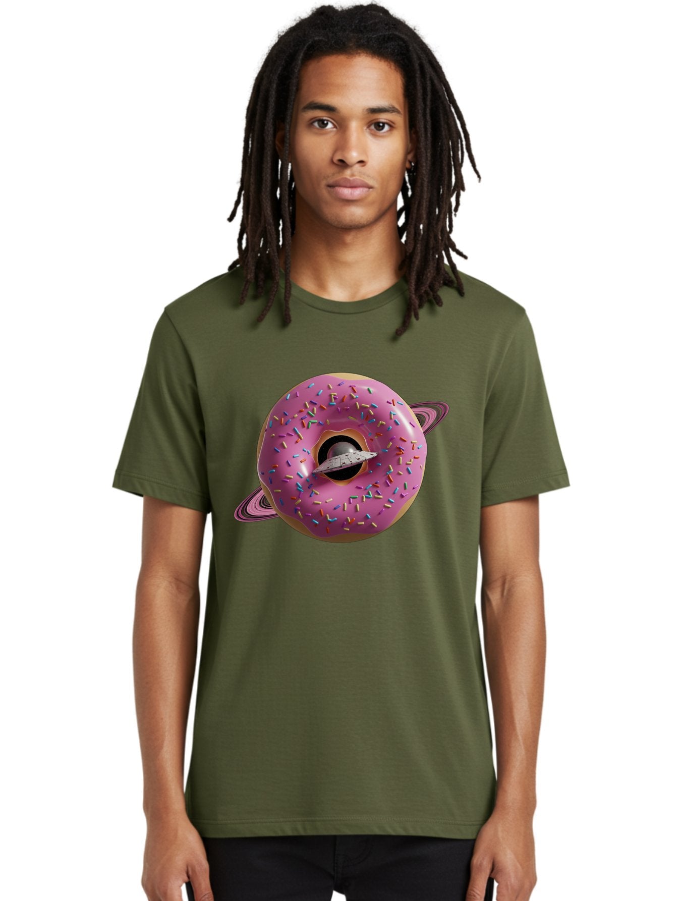 Flying-Saucer-Donut-Planet Men'S Graphic Tee, 100% Cotton, Comfortable Casual Summer Wear, Machine Washable, Pink Donut Planet, Donut With Sprinkles, Ufo Flying Through Donut, Pastel Colors, Pastel Donut, Sprinkles, Surreal Scene, Donut Hole, Bab913 25