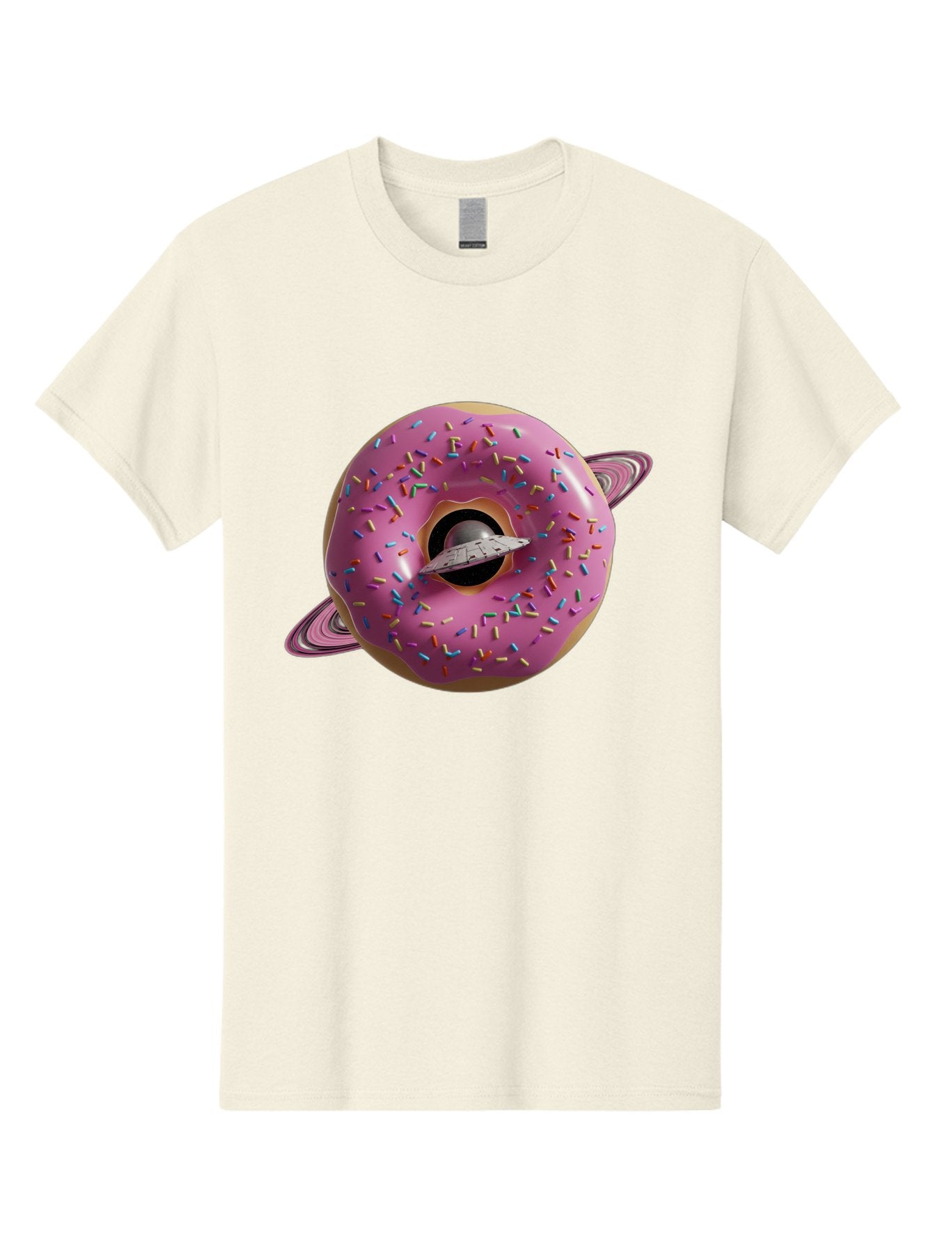 Flying-Saucer-Donut-Planet Men'S Graphic Tee, 100% Cotton, Comfortable Casual Summer Wear, Machine Washable, Pink Donut Planet, Donut With Sprinkles, Ufo Flying Through Donut, Pastel Colors, Pastel Donut, Sprinkles, Surreal Scene, Donut Hole, Bab913