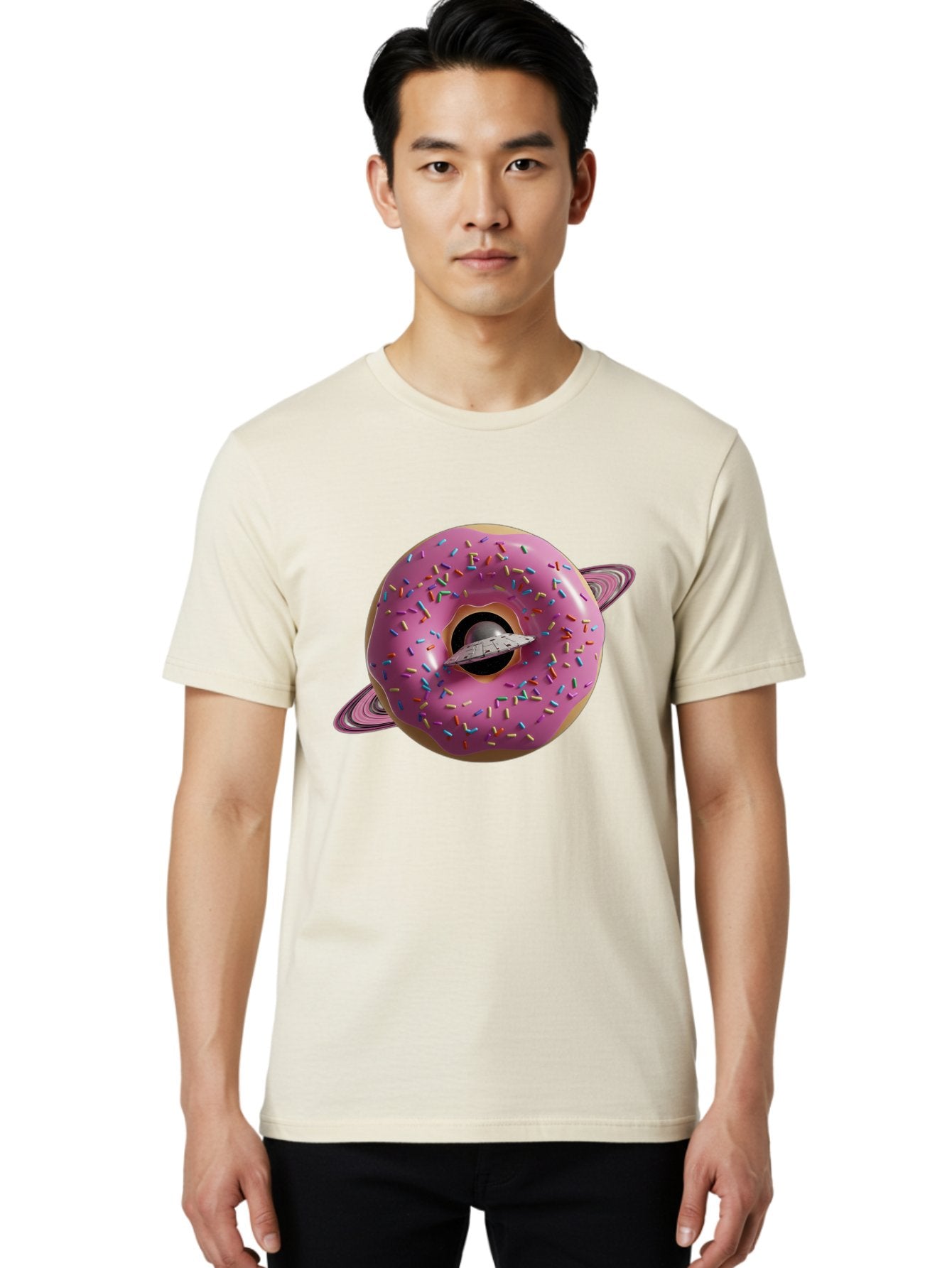 Flying-Saucer-Donut-Planet Men'S Graphic Tee, 100% Cotton, Comfortable Casual Summer Wear, Machine Washable, Pink Donut Planet, Donut With Sprinkles, Ufo Flying Through Donut, Pastel Colors, Pastel Donut, Sprinkles, Surreal Scene, Donut Hole, Bab913 21