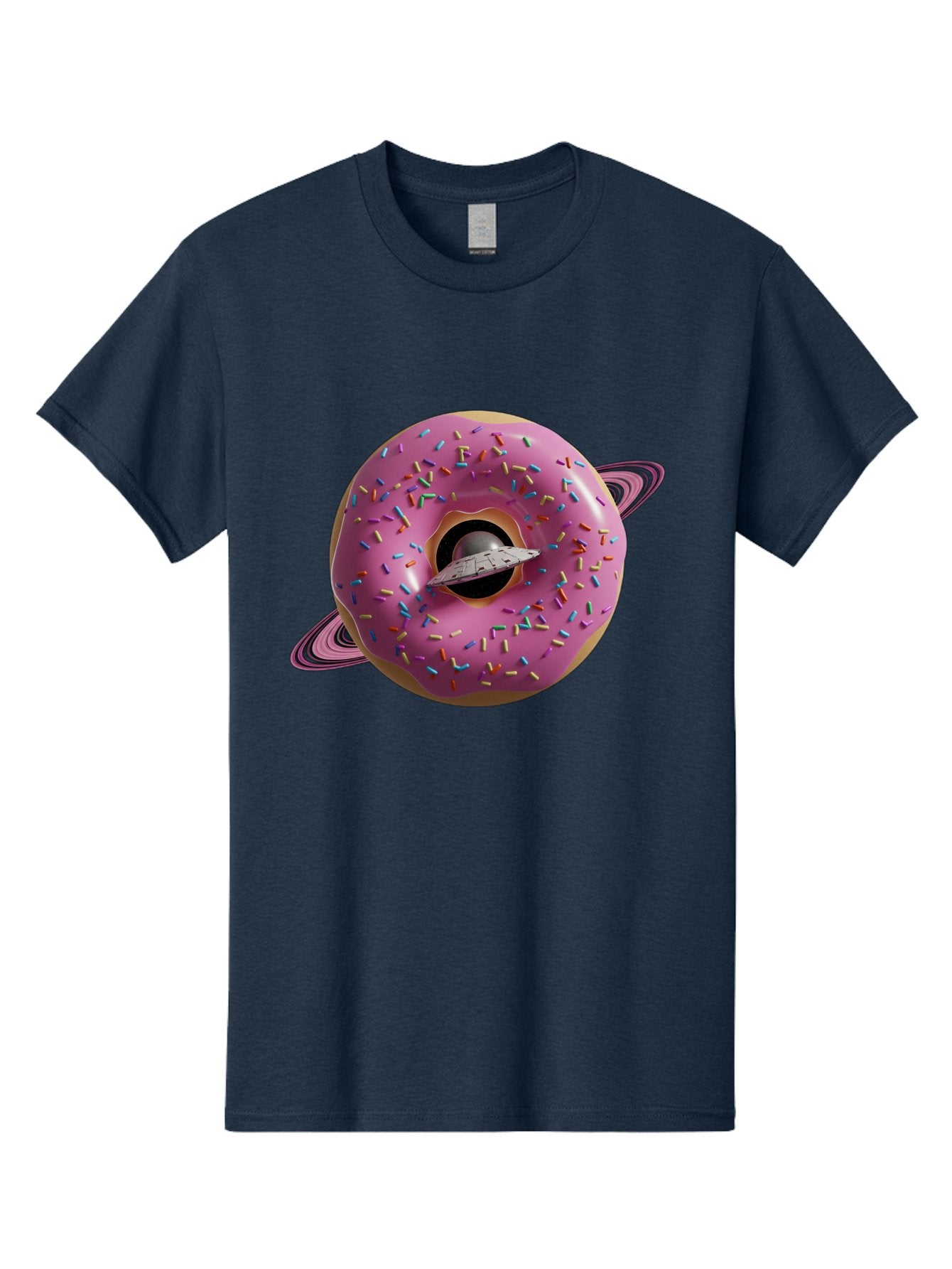 Flying-Saucer-Donut-Planet Men'S Graphic Tee, 100% Cotton, Comfortable Casual Summer Wear, Machine Washable, Pink Donut Planet, Donut With Sprinkles, Ufo Flying Through Donut, Pastel Colors, Pastel Donut, Sprinkles, Surreal Scene, Donut Hole, Bab913 9