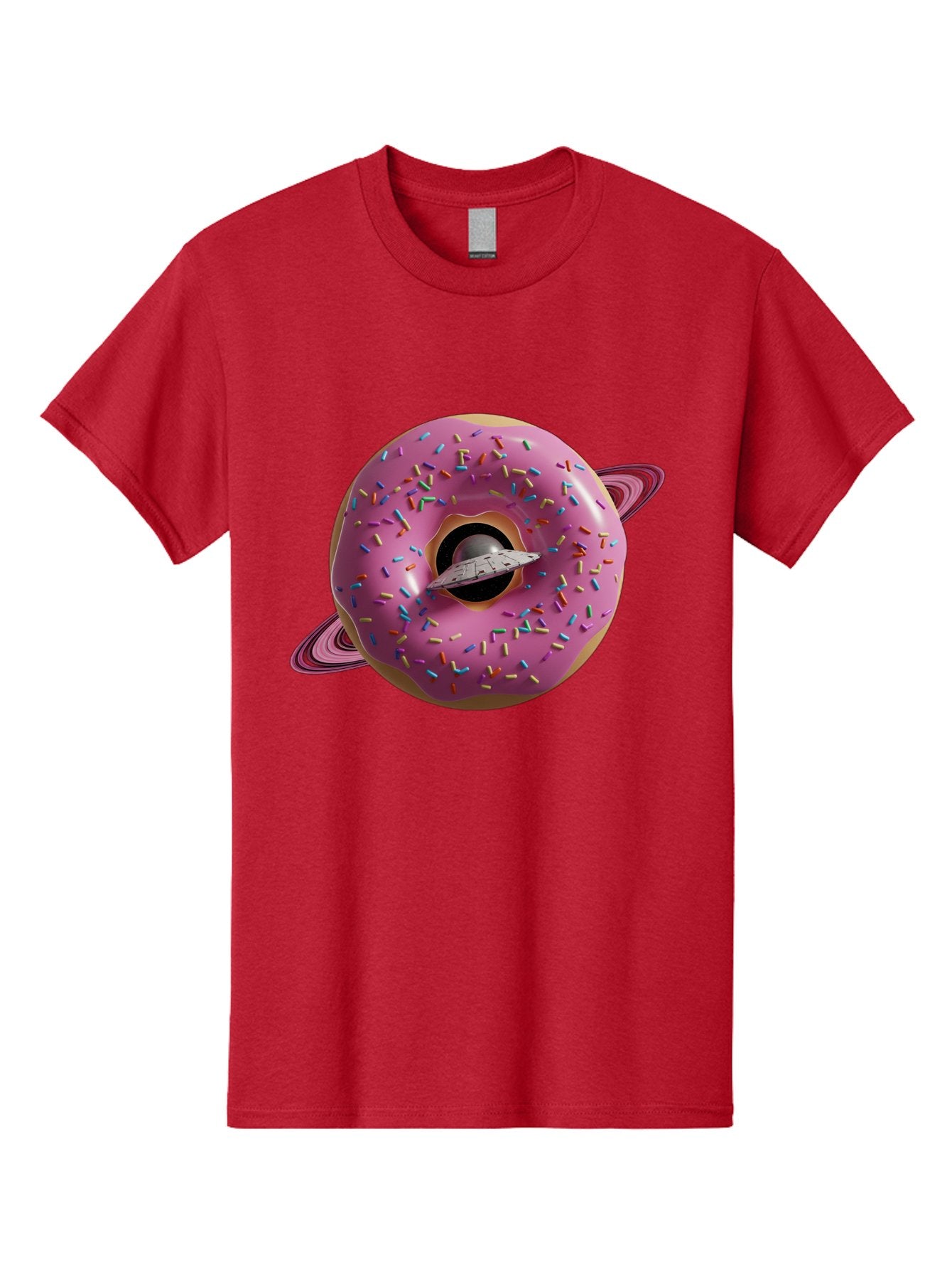 Flying-Saucer-Donut-Planet Men'S Graphic Tee, 100% Cotton, Comfortable Casual Summer Wear, Machine Washable, Pink Donut Planet, Donut With Sprinkles, Ufo Flying Through Donut, Pastel Colors, Pastel Donut, Sprinkles, Surreal Scene, Donut Hole, Bab913 5