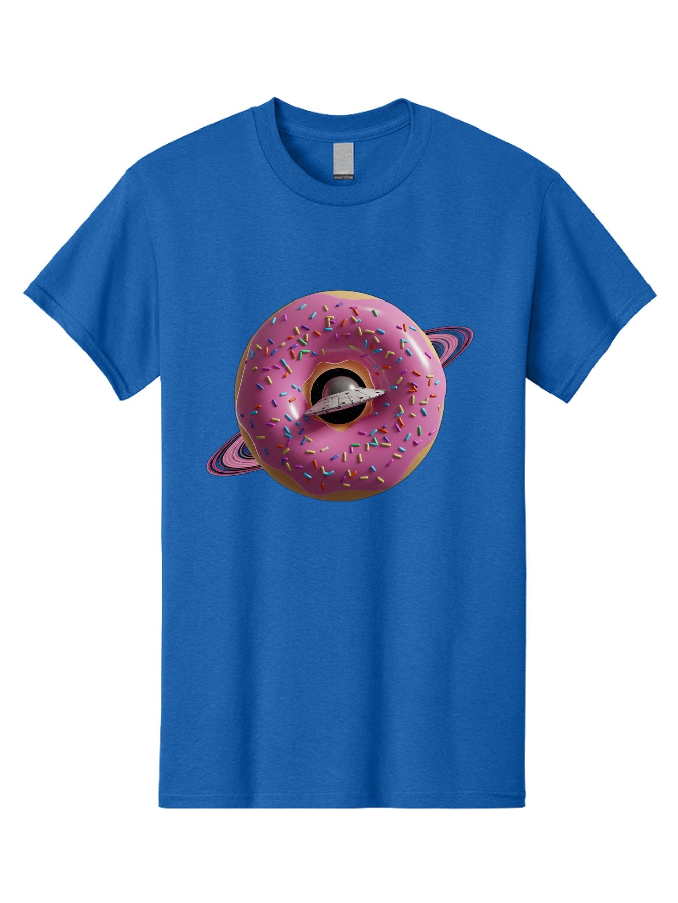 Flying-Saucer-Donut-Planet Men'S Graphic Tee, 100% Cotton, Comfortable Casual Summer Wear, Machine Washable, Pink Donut Planet, Donut With Sprinkles, Ufo Flying Through Donut, Pastel Colors, Pastel Donut, Sprinkles, Surreal Scene, Donut Hole, Bab913 13