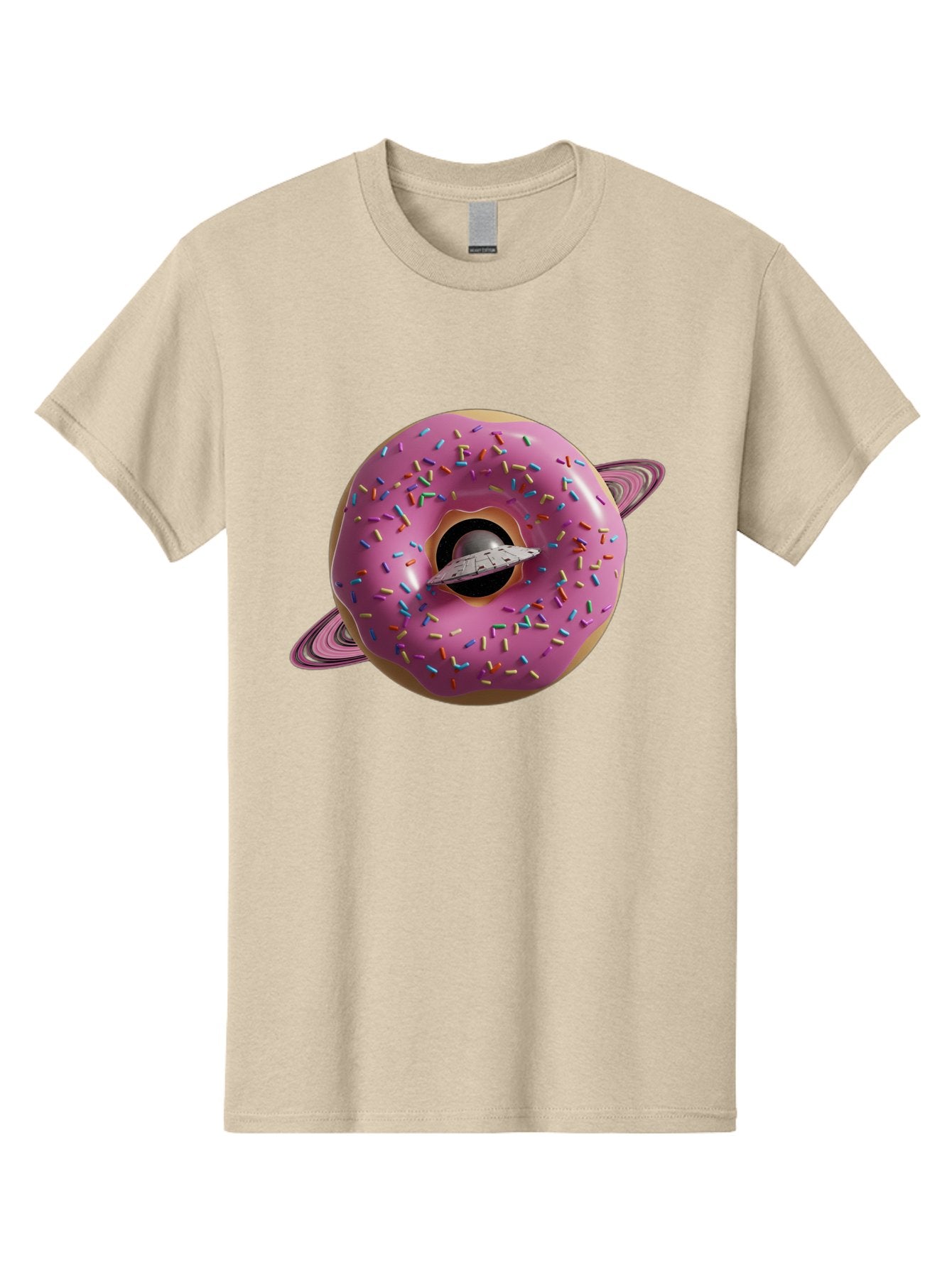 Flying-Saucer-Donut-Planet Men'S Graphic Tee, 100% Cotton, Comfortable Casual Summer Wear, Machine Washable, Pink Donut Planet, Donut With Sprinkles, Ufo Flying Through Donut, Pastel Colors, Pastel Donut, Sprinkles, Surreal Scene, Donut Hole, Bab913 14