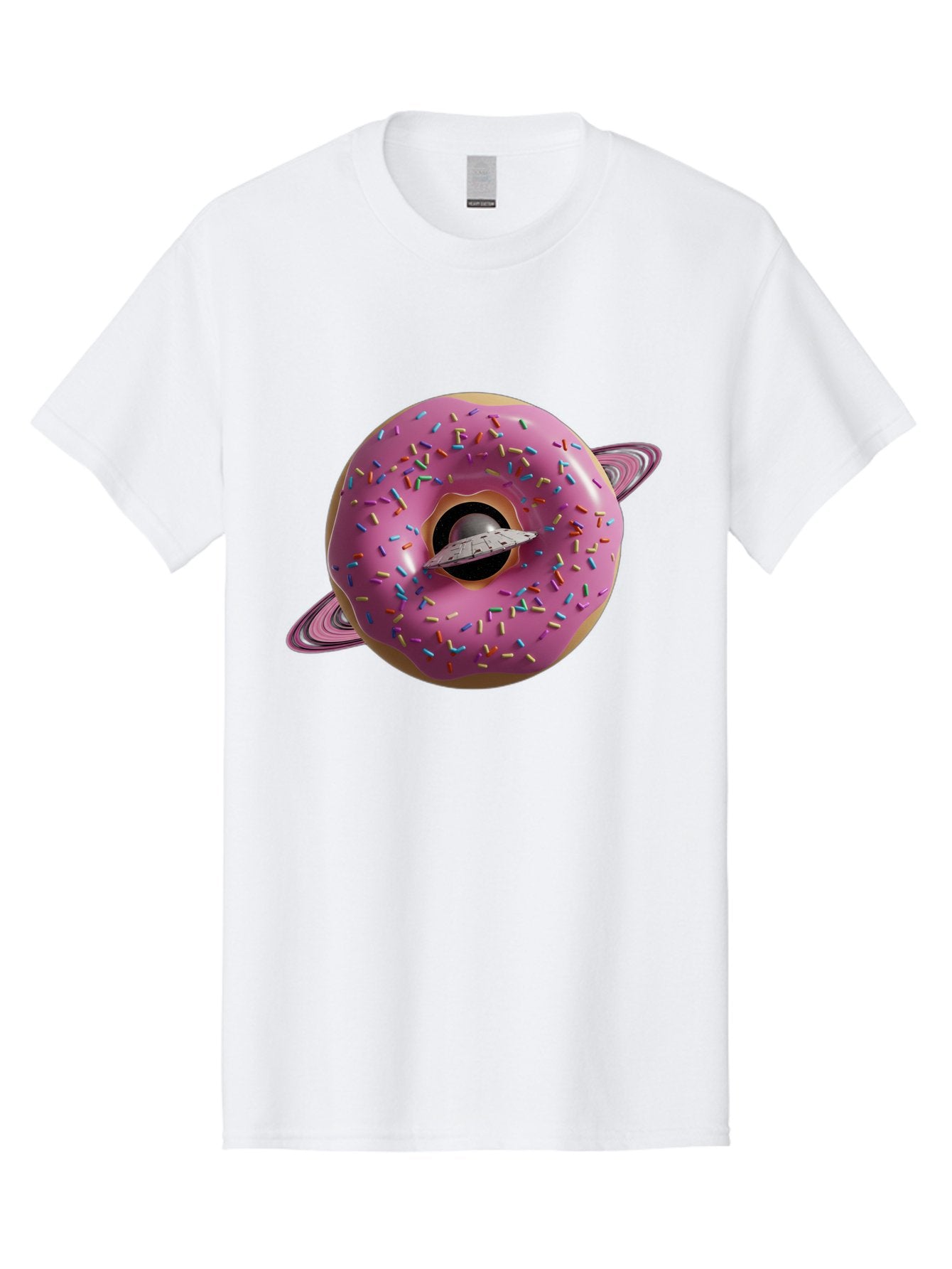Flying-Saucer-Donut-Planet Men'S Graphic Tee, 100% Cotton, Comfortable Casual Summer Wear, Machine Washable, Pink Donut Planet, Donut With Sprinkles, Ufo Flying Through Donut, Pastel Colors, Pastel Donut, Sprinkles, Surreal Scene, Donut Hole, Bab913 4