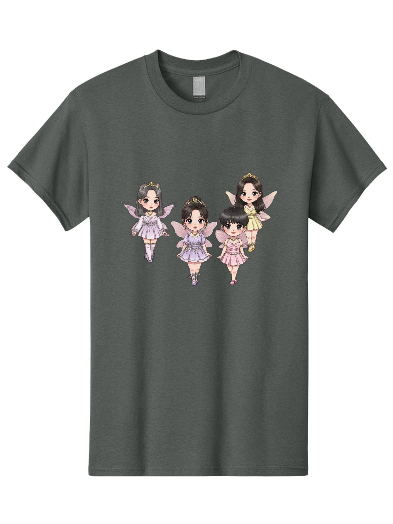 Four-Kawaii-Girls Men'S Graphic Tee, 100% Cotton, Comfortable Casual Summer Wear, Machine Washable, Cute Cartoon Characters, Fairy Illustrations, Pastel Colors, Whimsical Designs, Anime-Inspired Art, Delicate Wings, Princess Tiaras, Bab914 13