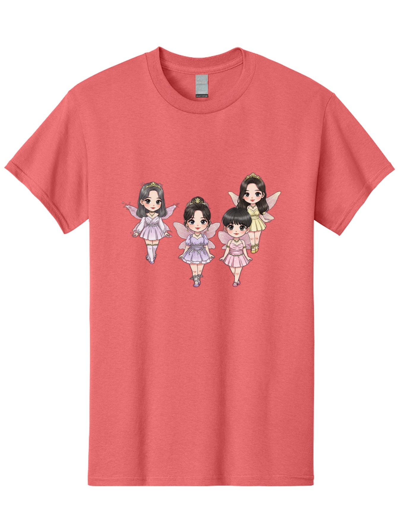 Four-Kawaii-Girls Men'S Graphic Tee, 100% Cotton, Comfortable Casual Summer Wear, Machine Washable, Cute Cartoon Characters, Fairy Illustrations, Pastel Colors, Whimsical Designs, Anime-Inspired Art, Delicate Wings, Princess Tiaras, Bab914 12