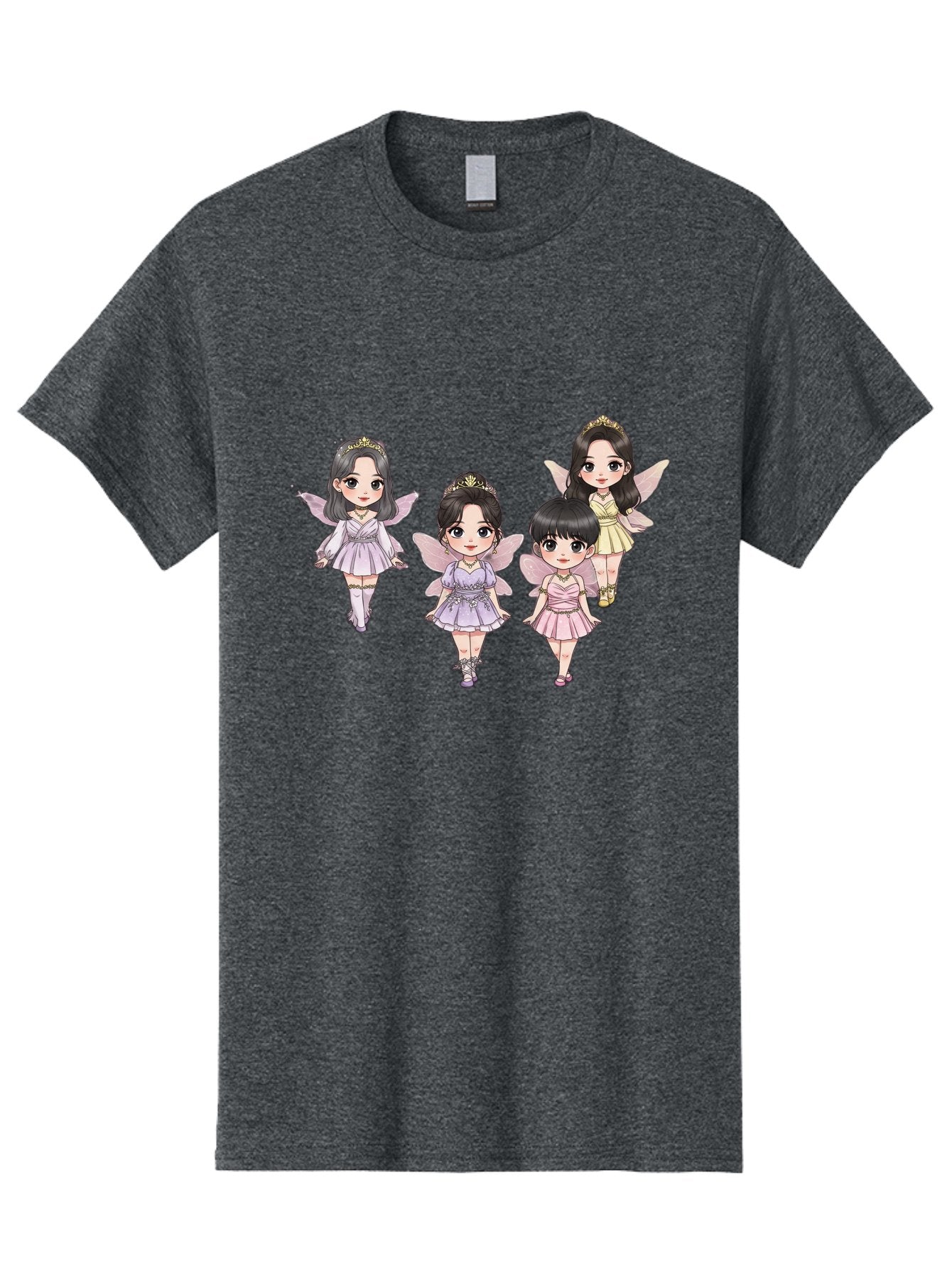 Four-Kawaii-Girls Men'S Graphic Tee, 100% Cotton, Comfortable Casual Summer Wear, Machine Washable, Cute Cartoon Characters, Fairy Illustrations, Pastel Colors, Whimsical Designs, Anime-Inspired Art, Delicate Wings, Princess Tiaras, Bab914 7