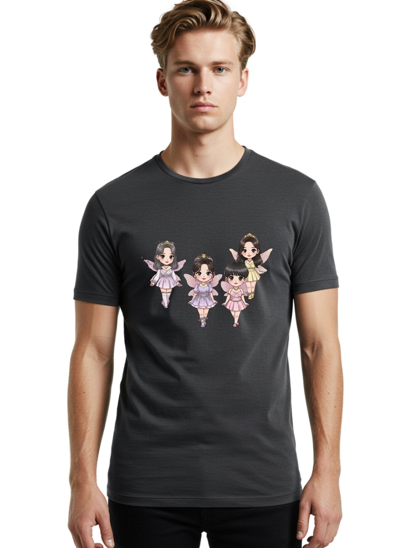 Four-Kawaii-Girls Men'S Graphic Tee, 100% Cotton, Comfortable Casual Summer Wear, Machine Washable, Cute Cartoon Characters, Fairy Illustrations, Pastel Colors, Whimsical Designs, Anime-Inspired Art, Delicate Wings, Princess Tiaras, Bab914 16