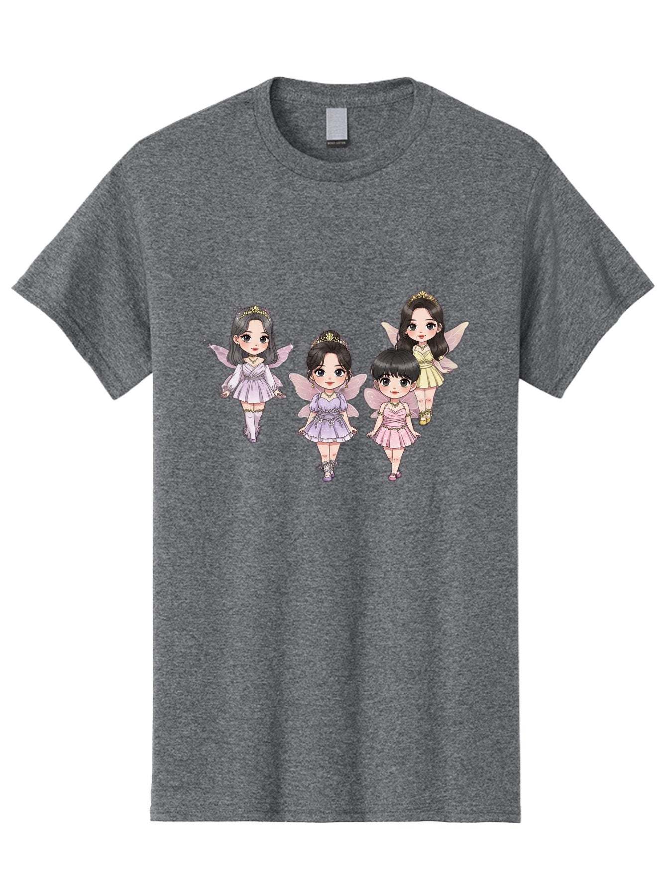 Four-Kawaii-Girls Men'S Graphic Tee, 100% Cotton, Comfortable Casual Summer Wear, Machine Washable, Cute Cartoon Characters, Fairy Illustrations, Pastel Colors, Whimsical Designs, Anime-Inspired Art, Delicate Wings, Princess Tiaras, Bab914 5