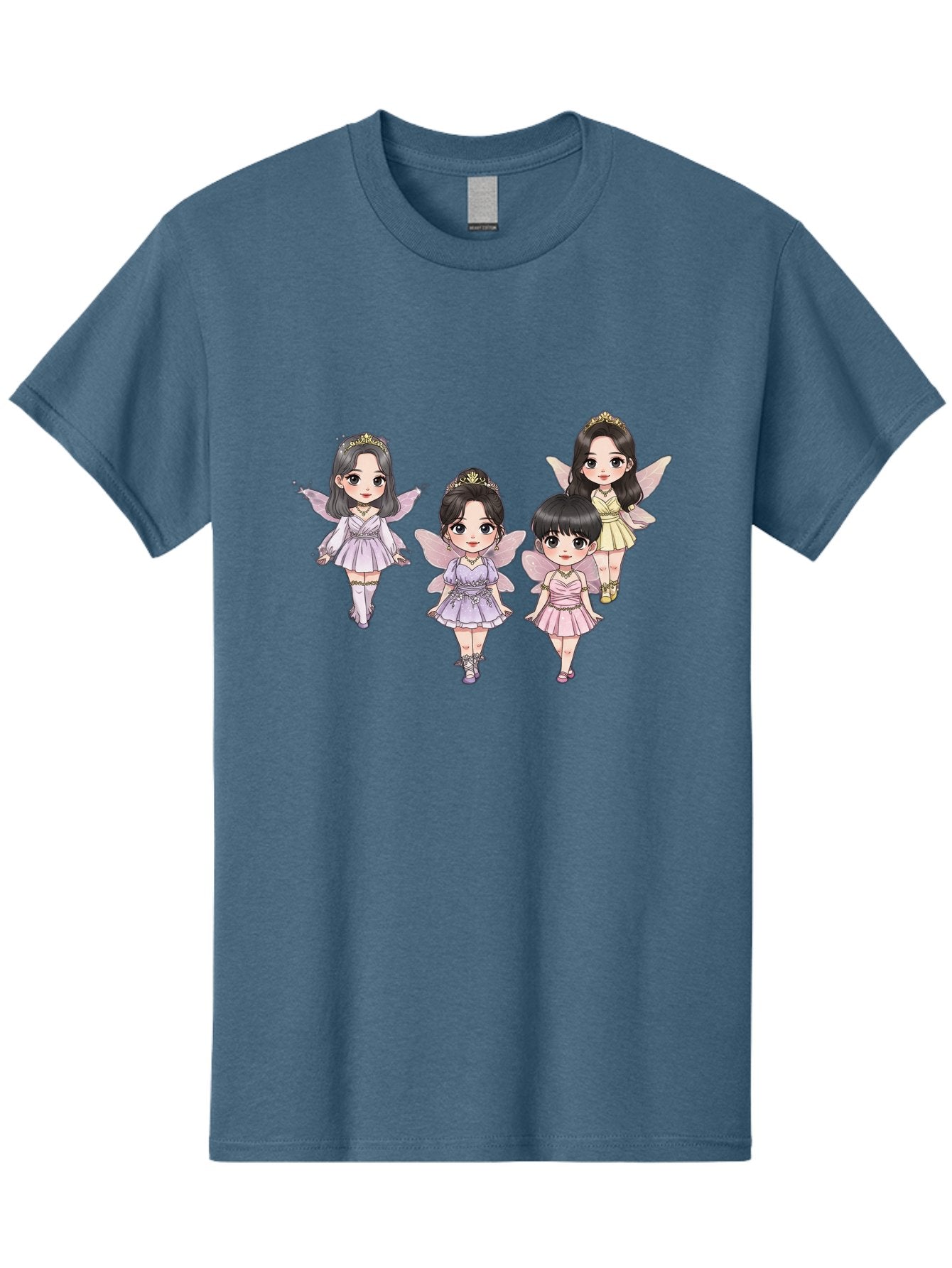 Four-Kawaii-Girls Men'S Graphic Tee, 100% Cotton, Comfortable Casual Summer Wear, Machine Washable, Cute Cartoon Characters, Fairy Illustrations, Pastel Colors, Whimsical Designs, Anime-Inspired Art, Delicate Wings, Princess Tiaras, Bab914 14