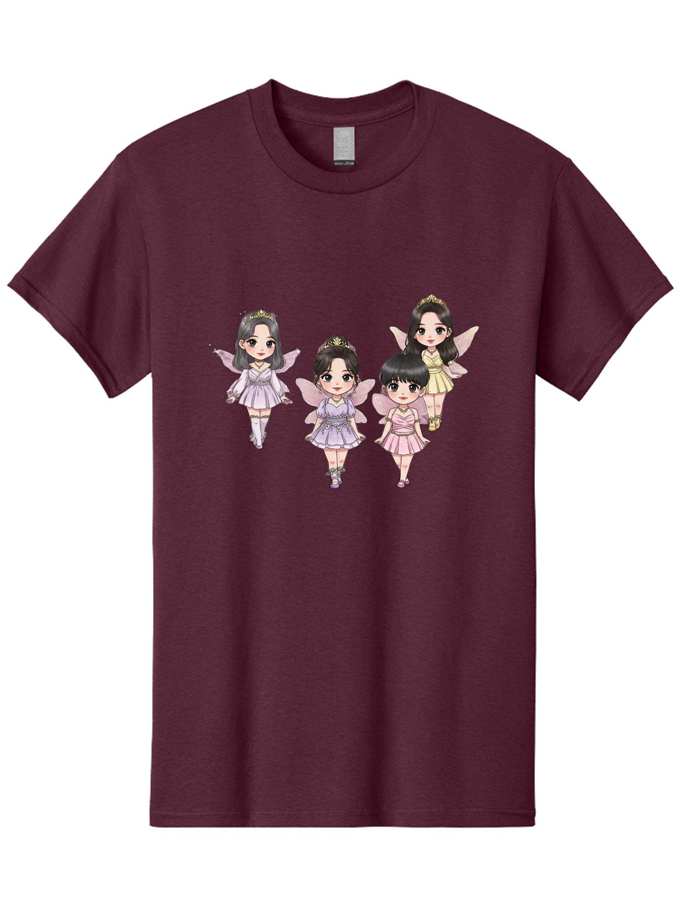 Four-Kawaii-Girls Men'S Graphic Tee, 100% Cotton, Comfortable Casual Summer Wear, Machine Washable, Cute Cartoon Characters, Fairy Illustrations, Pastel Colors, Whimsical Designs, Anime-Inspired Art, Delicate Wings, Princess Tiaras, Bab914 15