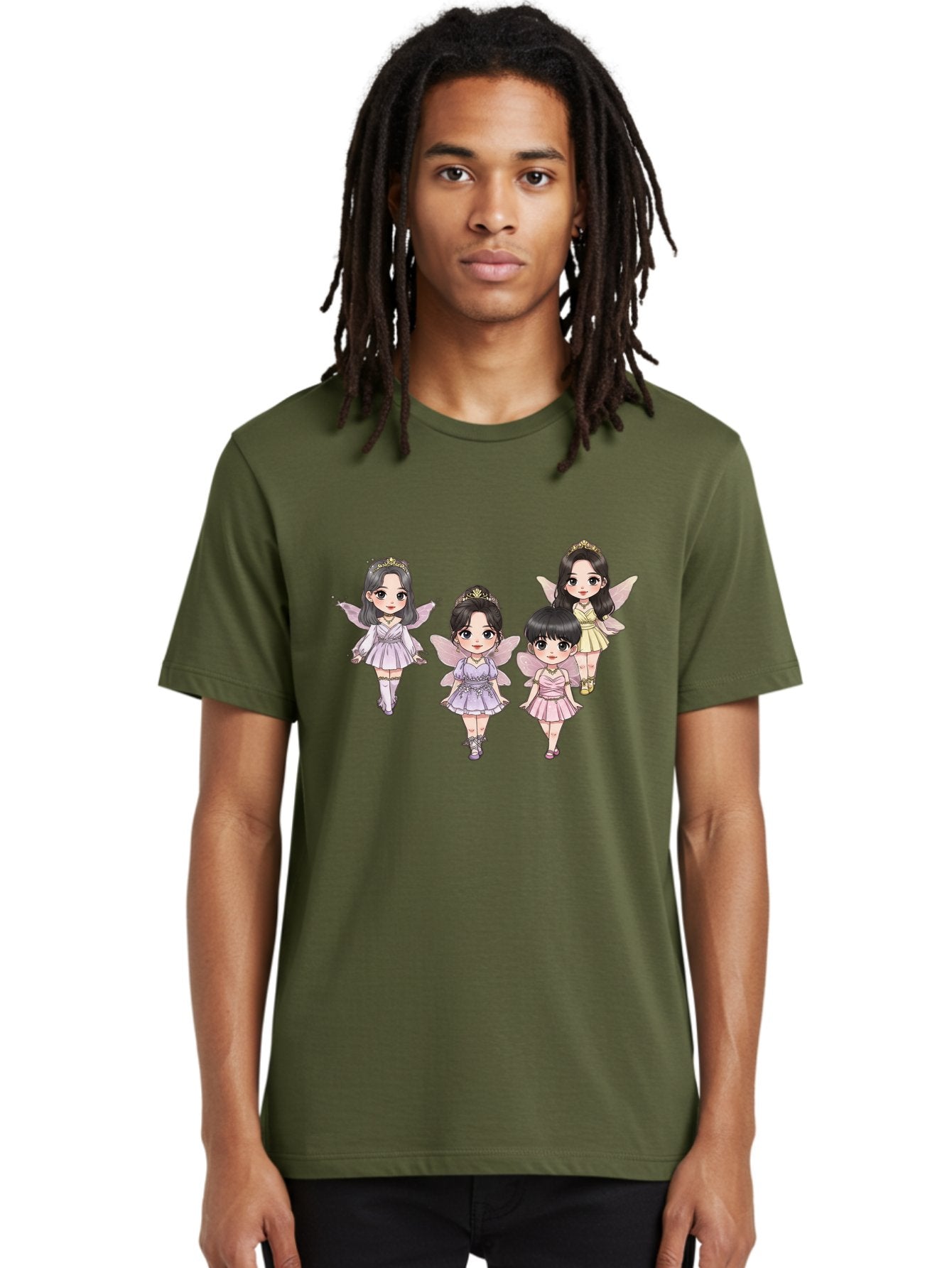 Four-Kawaii-Girls Men'S Graphic Tee, 100% Cotton, Comfortable Casual Summer Wear, Machine Washable, Cute Cartoon Characters, Fairy Illustrations, Pastel Colors, Whimsical Designs, Anime-Inspired Art, Delicate Wings, Princess Tiaras, Bab914 27