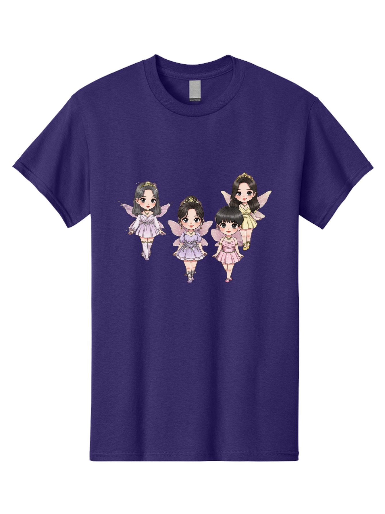 Four-Kawaii-Girls Men'S Graphic Tee, 100% Cotton, Comfortable Casual Summer Wear, Machine Washable, Cute Cartoon Characters, Fairy Illustrations, Pastel Colors, Whimsical Designs, Anime-Inspired Art, Delicate Wings, Princess Tiaras, Bab914