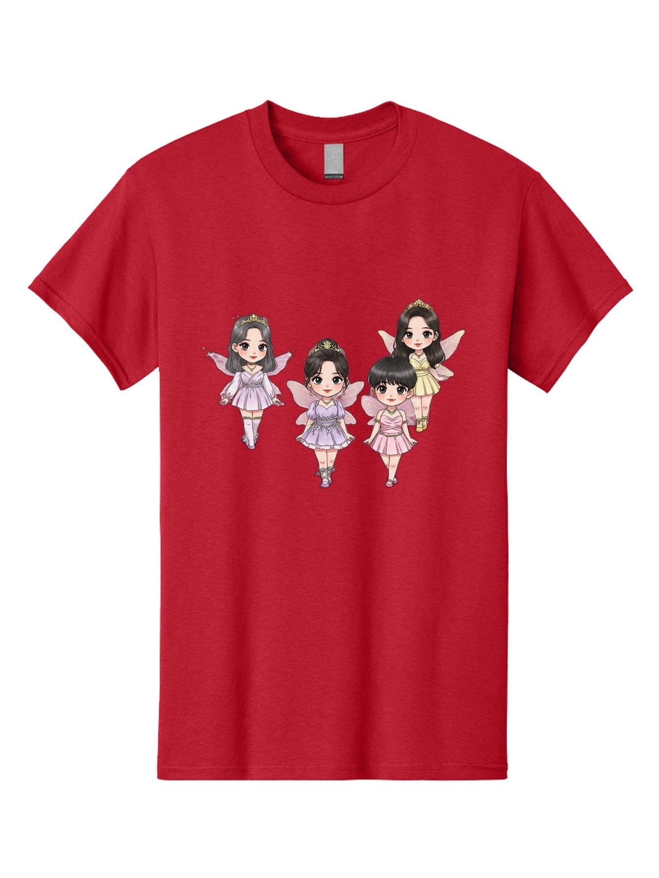 Four-Kawaii-Girls Men'S Graphic Tee, 100% Cotton, Comfortable Casual Summer Wear, Machine Washable, Cute Cartoon Characters, Fairy Illustrations, Pastel Colors, Whimsical Designs, Anime-Inspired Art, Delicate Wings, Princess Tiaras, Bab914