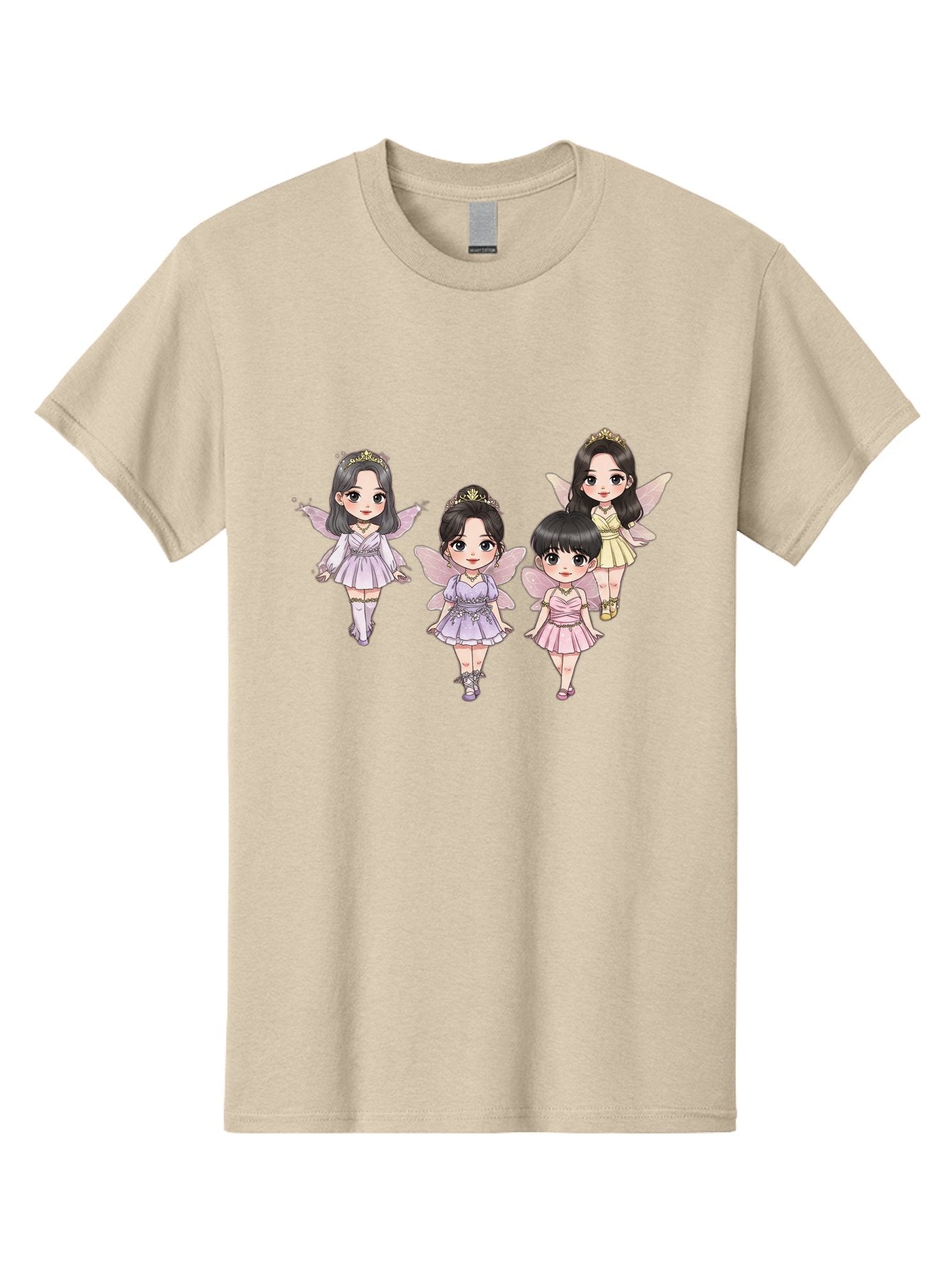 Four-Kawaii-Girls Men'S Graphic Tee, 100% Cotton, Comfortable Casual Summer Wear, Machine Washable, Cute Cartoon Characters, Fairy Illustrations, Pastel Colors, Whimsical Designs, Anime-Inspired Art, Delicate Wings, Princess Tiaras, Bab914 9
