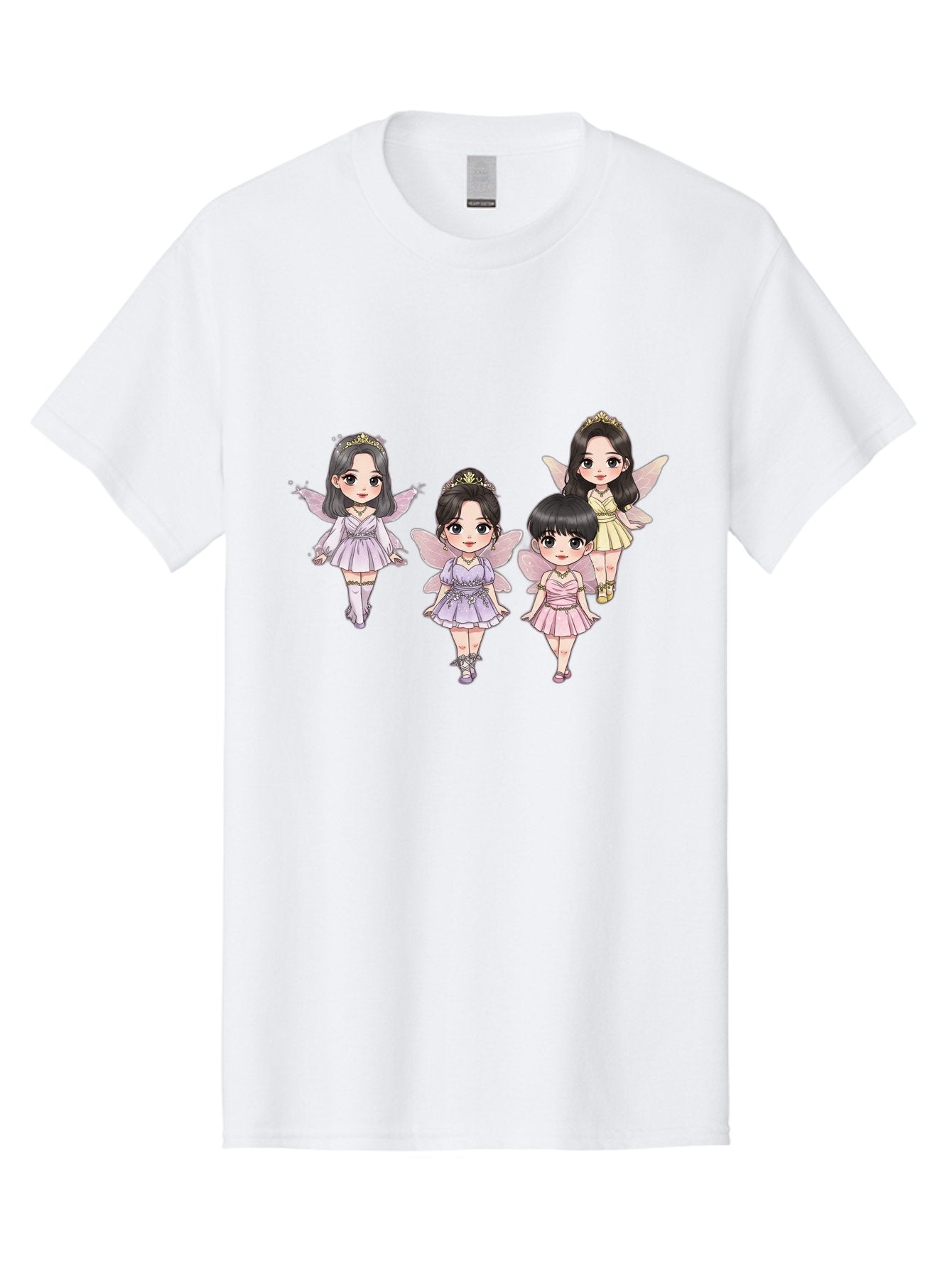 Four-Kawaii-Girls Men'S Graphic Tee, 100% Cotton, Comfortable Casual Summer Wear, Machine Washable, Cute Cartoon Characters, Fairy Illustrations, Pastel Colors, Whimsical Designs, Anime-Inspired Art, Delicate Wings, Princess Tiaras, Bab914 3