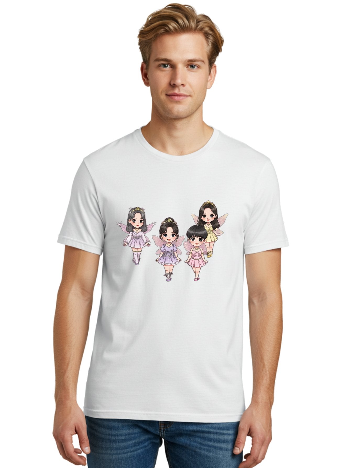 Four-Kawaii-Girls Men'S Graphic Tee, 100% Cotton, Comfortable Casual Summer Wear, Machine Washable, Cute Cartoon Characters, Fairy Illustrations, Pastel Colors, Whimsical Designs, Anime-Inspired Art, Delicate Wings, Princess Tiaras, Bab914 22