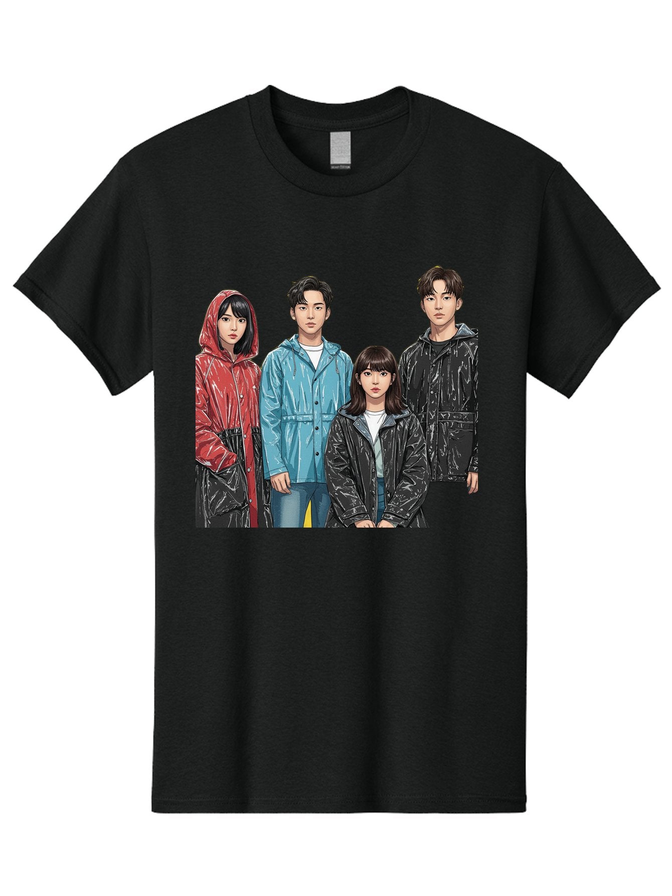 Four-People-In-Raincoats Men'S Graphic Tee, 100% Cotton, Comfortable Casual Summer Wear, Machine Washable, K-Pop Fashion, Raincoats, Youth Culture, Group Portrait, Black Hair, Stylish Clothing, Modern Teenagers, Trendy Outfits, Urban Style, Bab915 11