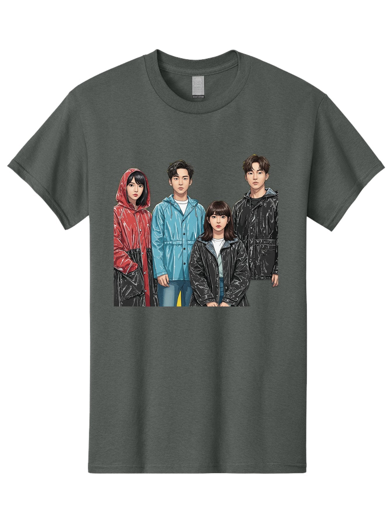 Four-People-In-Raincoats Men'S Graphic Tee, 100% Cotton, Comfortable Casual Summer Wear, Machine Washable, K-Pop Fashion, Raincoats, Youth Culture, Group Portrait, Black Hair, Stylish Clothing, Modern Teenagers, Trendy Outfits, Urban Style, Bab915 4