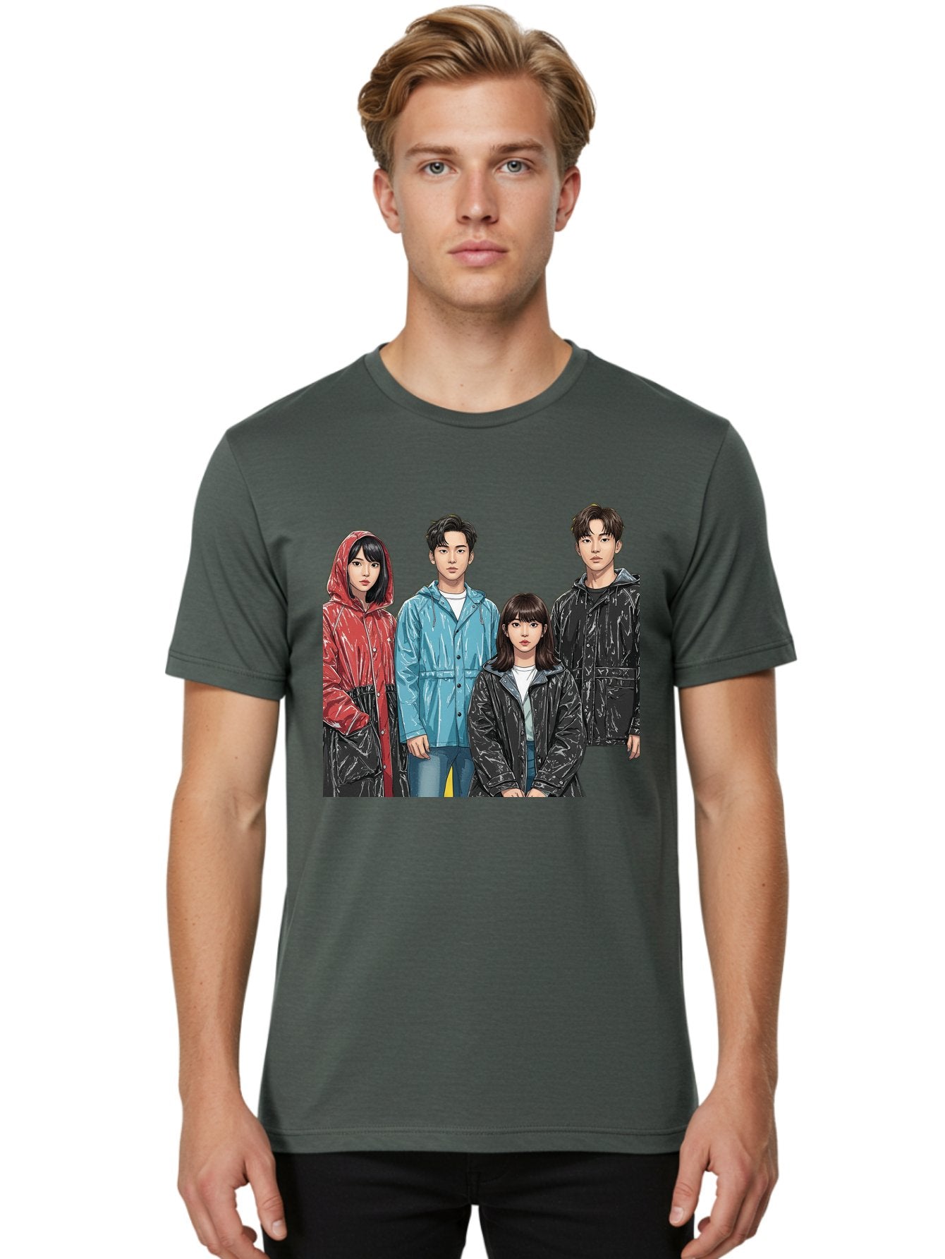Four-People-In-Raincoats Men'S Graphic Tee, 100% Cotton, Comfortable Casual Summer Wear, Machine Washable, K-Pop Fashion, Raincoats, Youth Culture, Group Portrait, Black Hair, Stylish Clothing, Modern Teenagers, Trendy Outfits, Urban Style, Bab915 18