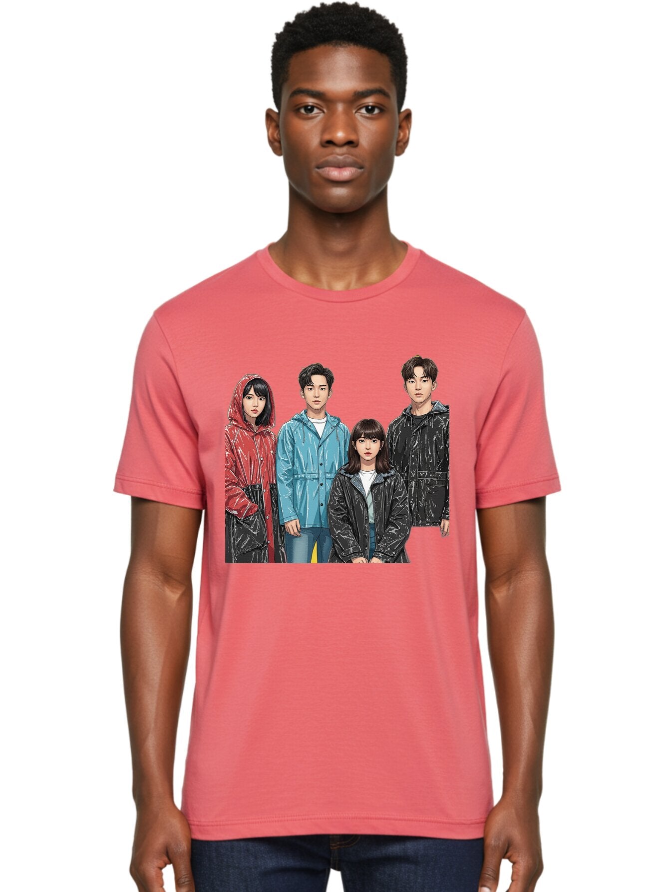 Four-People-In-Raincoats Men'S Graphic Tee, 100% Cotton, Comfortable Casual Summer Wear, Machine Washable, K-Pop Fashion, Raincoats, Youth Culture, Group Portrait, Black Hair, Stylish Clothing, Modern Teenagers, Trendy Outfits, Urban Style, Bab915 21