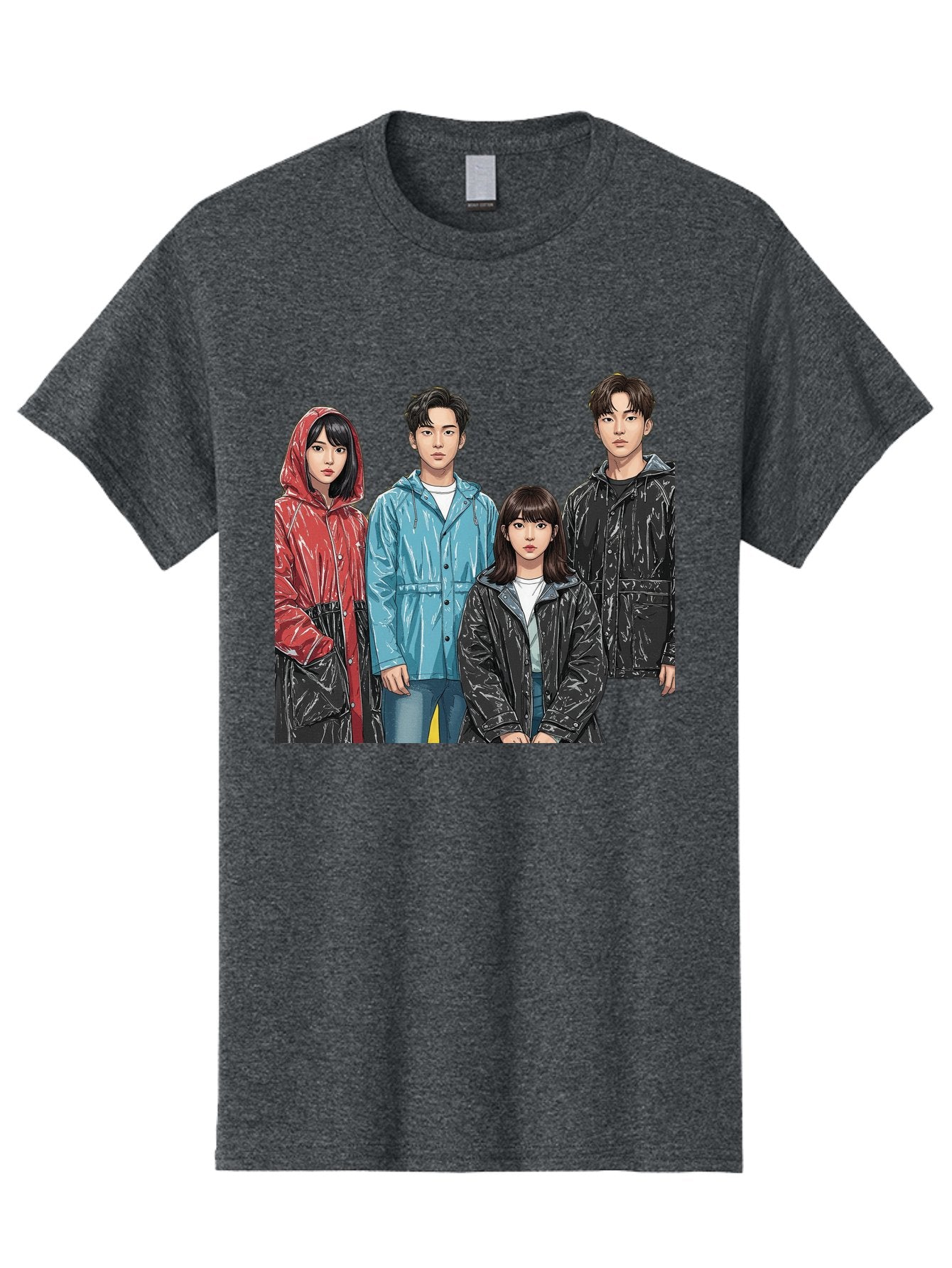 Four-People-In-Raincoats Men'S Graphic Tee, 100% Cotton, Comfortable Casual Summer Wear, Machine Washable, K-Pop Fashion, Raincoats, Youth Culture, Group Portrait, Black Hair, Stylish Clothing, Modern Teenagers, Trendy Outfits, Urban Style, Bab915 12