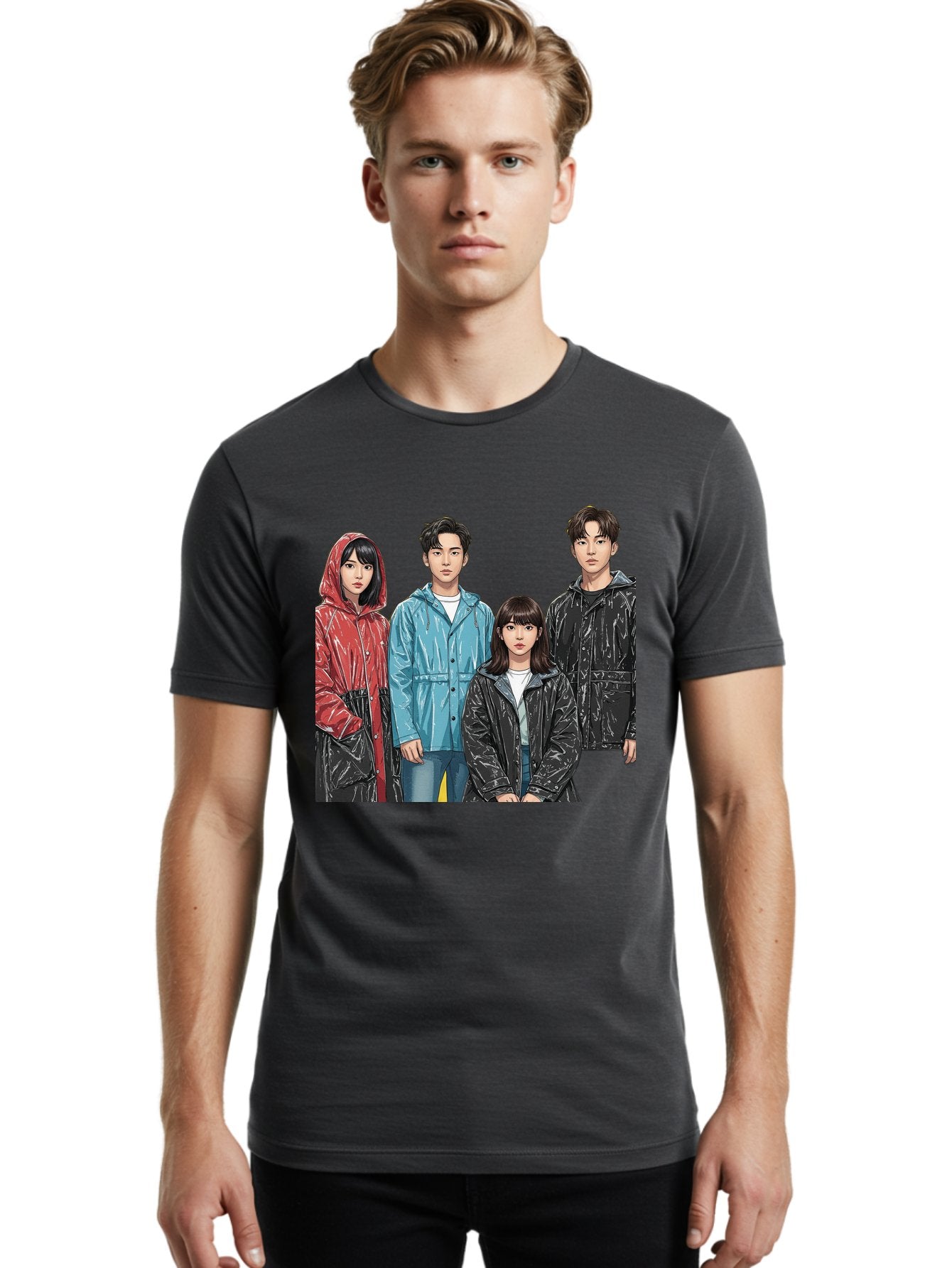Four-People-In-Raincoats Men'S Graphic Tee, 100% Cotton, Comfortable Casual Summer Wear, Machine Washable, K-Pop Fashion, Raincoats, Youth Culture, Group Portrait, Black Hair, Stylish Clothing, Modern Teenagers, Trendy Outfits, Urban Style, Bab915 28