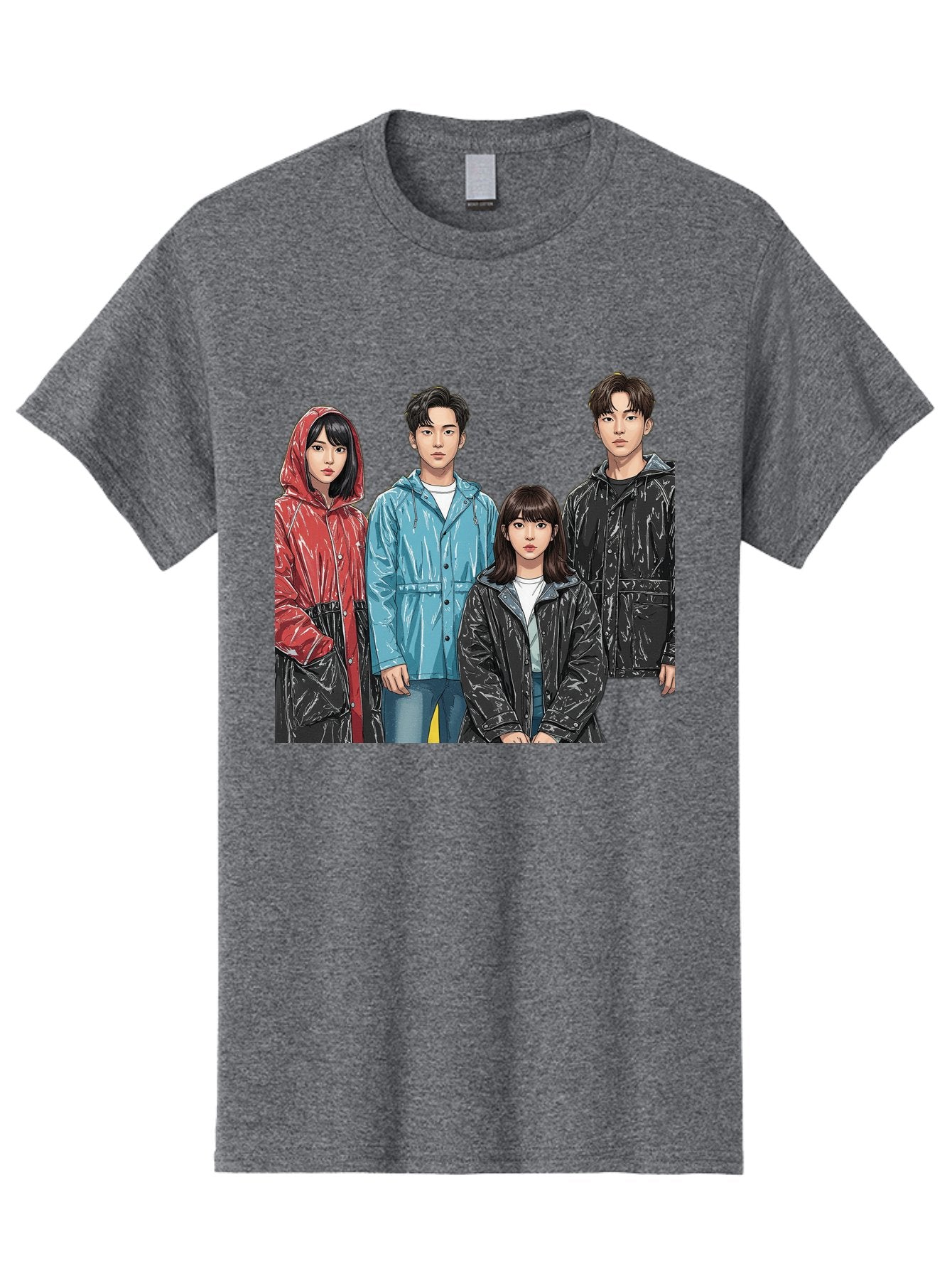 Four-People-In-Raincoats Men'S Graphic Tee, 100% Cotton, Comfortable Casual Summer Wear, Machine Washable, K-Pop Fashion, Raincoats, Youth Culture, Group Portrait, Black Hair, Stylish Clothing, Modern Teenagers, Trendy Outfits, Urban Style, Bab915 15