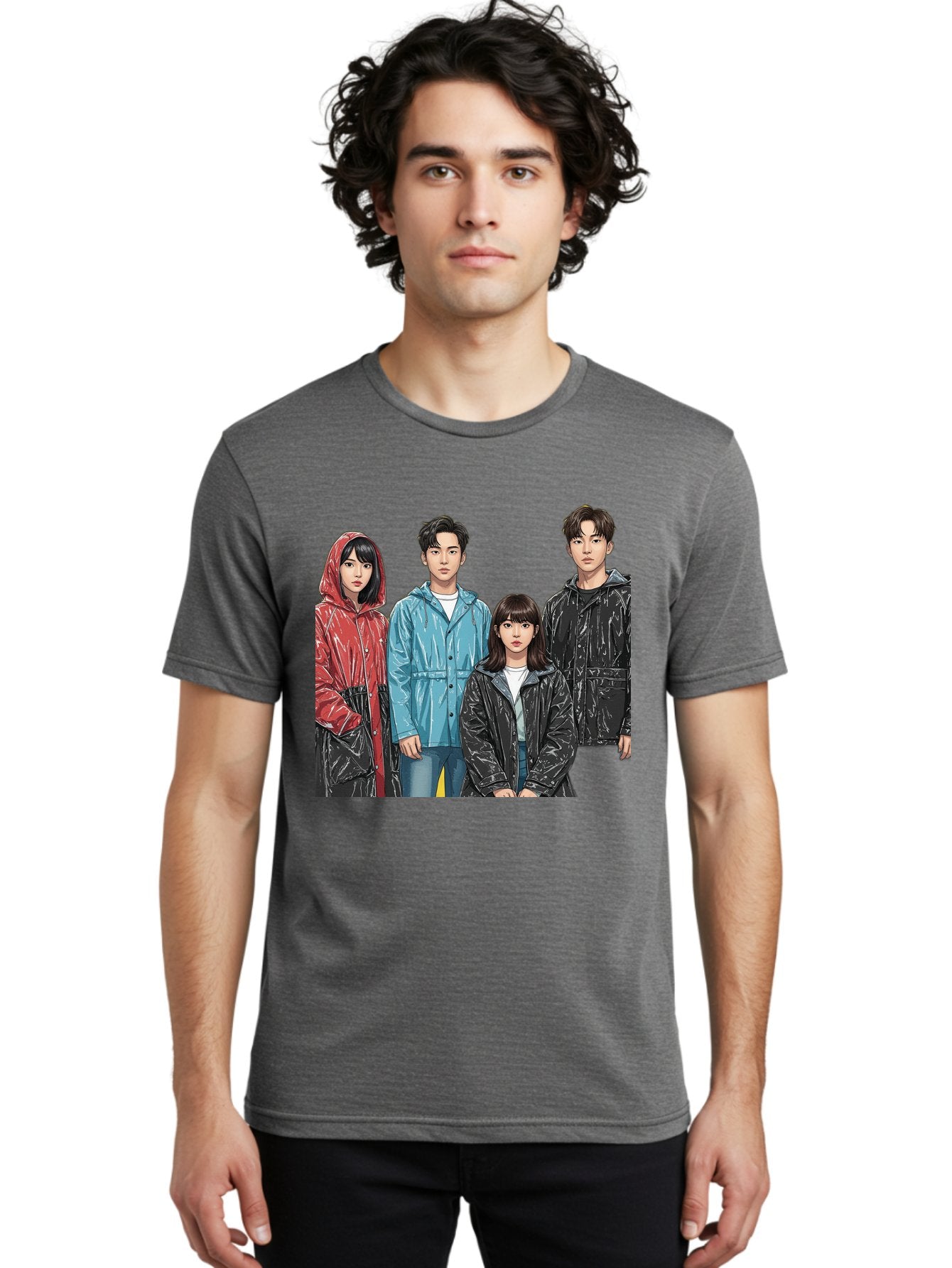 Four-People-In-Raincoats Men'S Graphic Tee, 100% Cotton, Comfortable Casual Summer Wear, Machine Washable, K-Pop Fashion, Raincoats, Youth Culture, Group Portrait, Black Hair, Stylish Clothing, Modern Teenagers, Trendy Outfits, Urban Style, Bab915 30