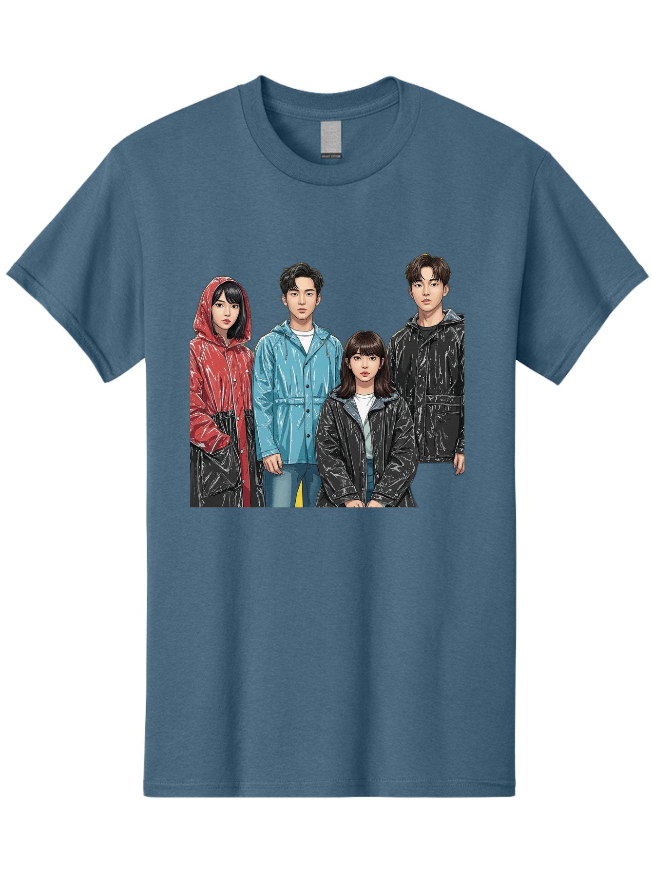 Four-People-In-Raincoats Men'S Graphic Tee, 100% Cotton, Comfortable Casual Summer Wear, Machine Washable, K-Pop Fashion, Raincoats, Youth Culture, Group Portrait, Black Hair, Stylish Clothing, Modern Teenagers, Trendy Outfits, Urban Style, Bab915 10