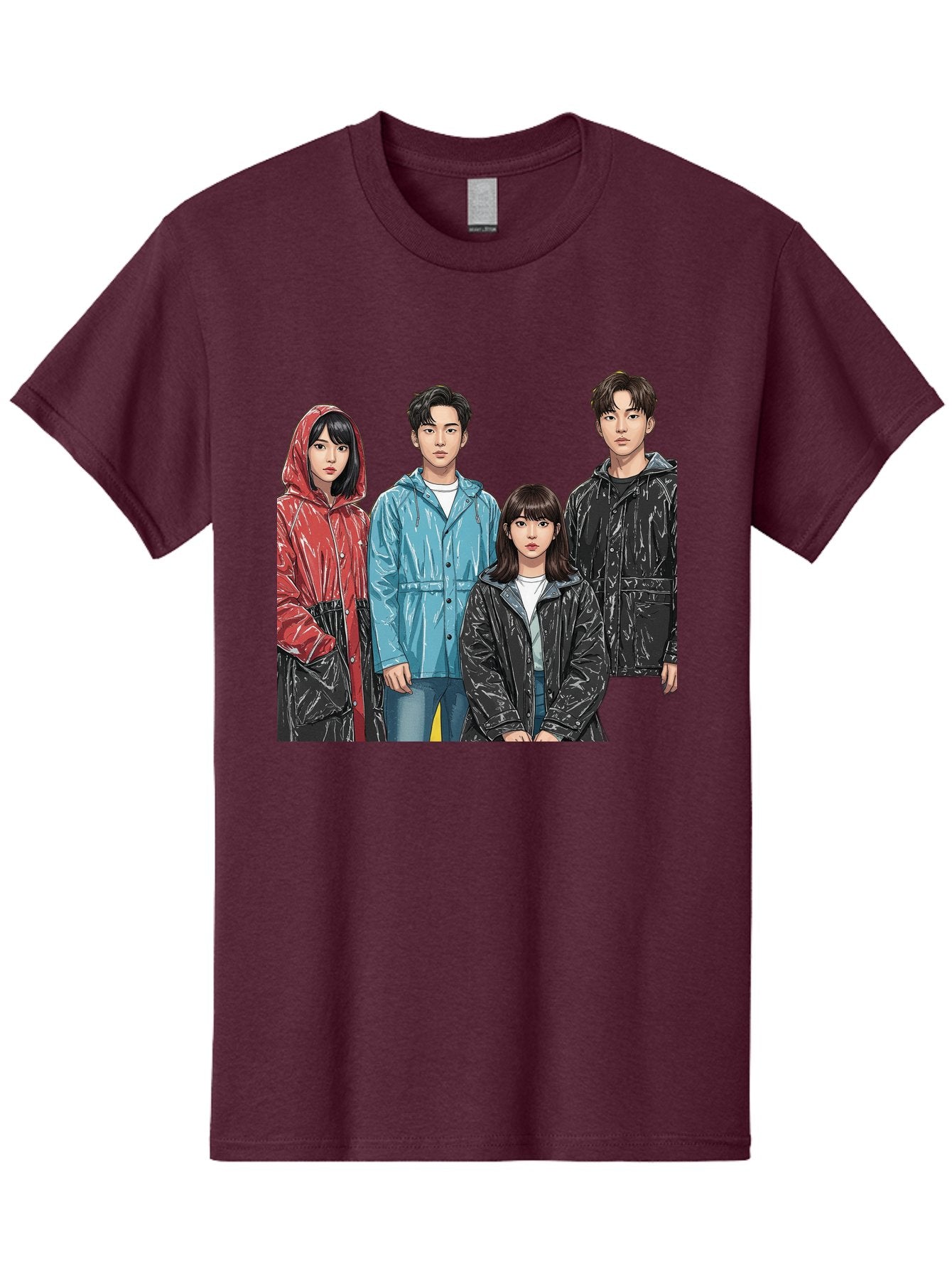 Four-People-In-Raincoats Men'S Graphic Tee, 100% Cotton, Comfortable Casual Summer Wear, Machine Washable, K-Pop Fashion, Raincoats, Youth Culture, Group Portrait, Black Hair, Stylish Clothing, Modern Teenagers, Trendy Outfits, Urban Style, Bab915