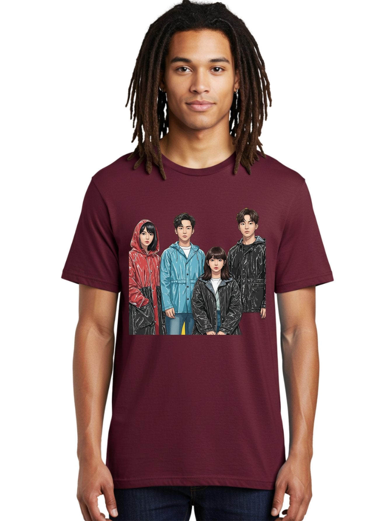 Four-People-In-Raincoats Men'S Graphic Tee, 100% Cotton, Comfortable Casual Summer Wear, Machine Washable, K-Pop Fashion, Raincoats, Youth Culture, Group Portrait, Black Hair, Stylish Clothing, Modern Teenagers, Trendy Outfits, Urban Style, Bab915 19