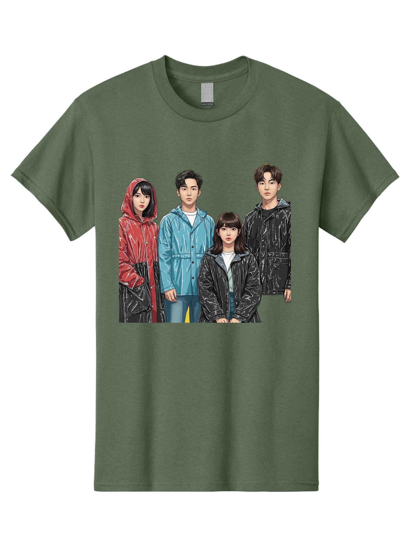 Four-People-In-Raincoats Men'S Graphic Tee, 100% Cotton, Comfortable Casual Summer Wear, Machine Washable, K-Pop Fashion, Raincoats, Youth Culture, Group Portrait, Black Hair, Stylish Clothing, Modern Teenagers, Trendy Outfits, Urban Style, Bab915 13