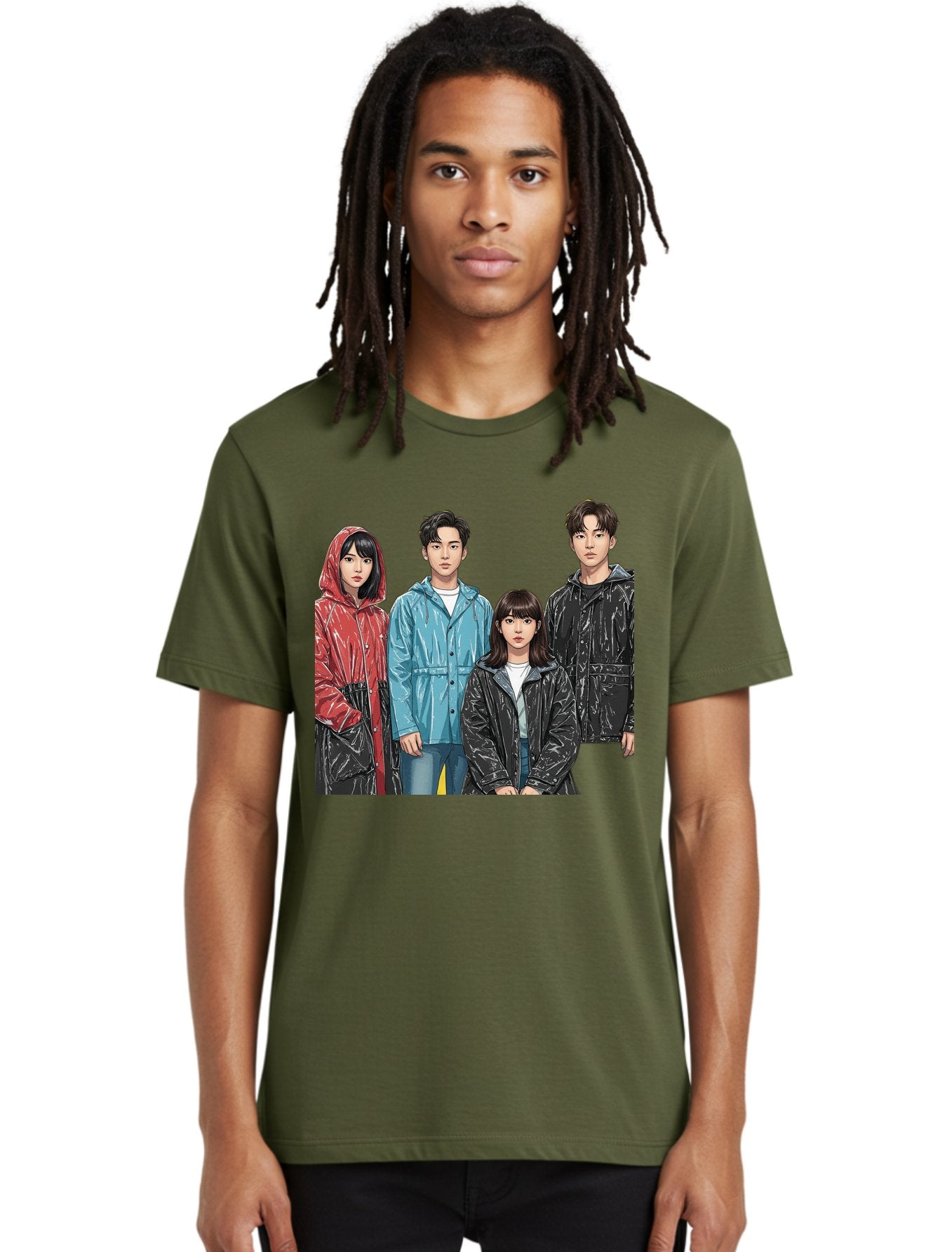 Four-People-In-Raincoats Men'S Graphic Tee, 100% Cotton, Comfortable Casual Summer Wear, Machine Washable, K-Pop Fashion, Raincoats, Youth Culture, Group Portrait, Black Hair, Stylish Clothing, Modern Teenagers, Trendy Outfits, Urban Style, Bab915 20