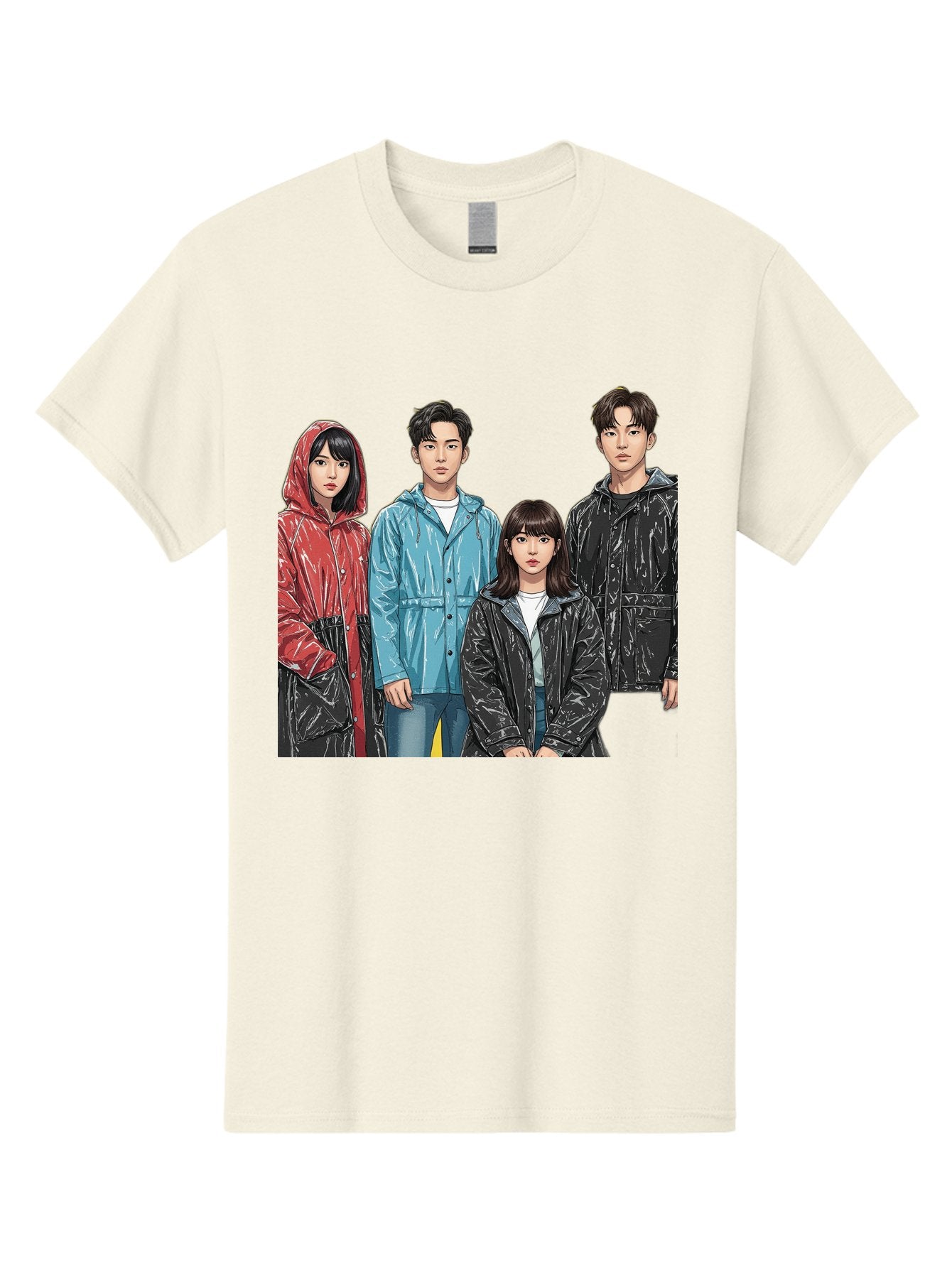 Four-People-In-Raincoats Men'S Graphic Tee, 100% Cotton, Comfortable Casual Summer Wear, Machine Washable, K-Pop Fashion, Raincoats, Youth Culture, Group Portrait, Black Hair, Stylish Clothing, Modern Teenagers, Trendy Outfits, Urban Style, Bab915 6