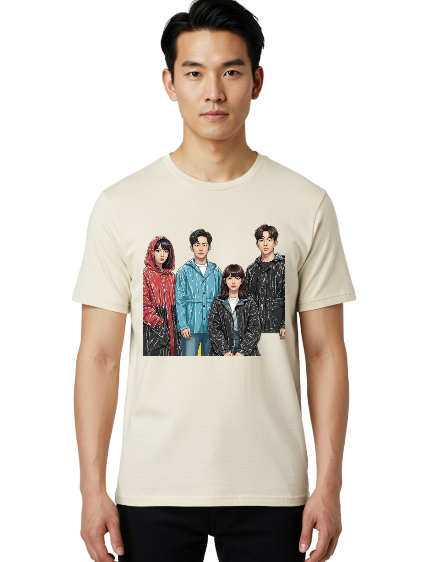Four-People-In-Raincoats Men'S Graphic Tee, 100% Cotton, Comfortable Casual Summer Wear, Machine Washable, K-Pop Fashion, Raincoats, Youth Culture, Group Portrait, Black Hair, Stylish Clothing, Modern Teenagers, Trendy Outfits, Urban Style, Bab915 24