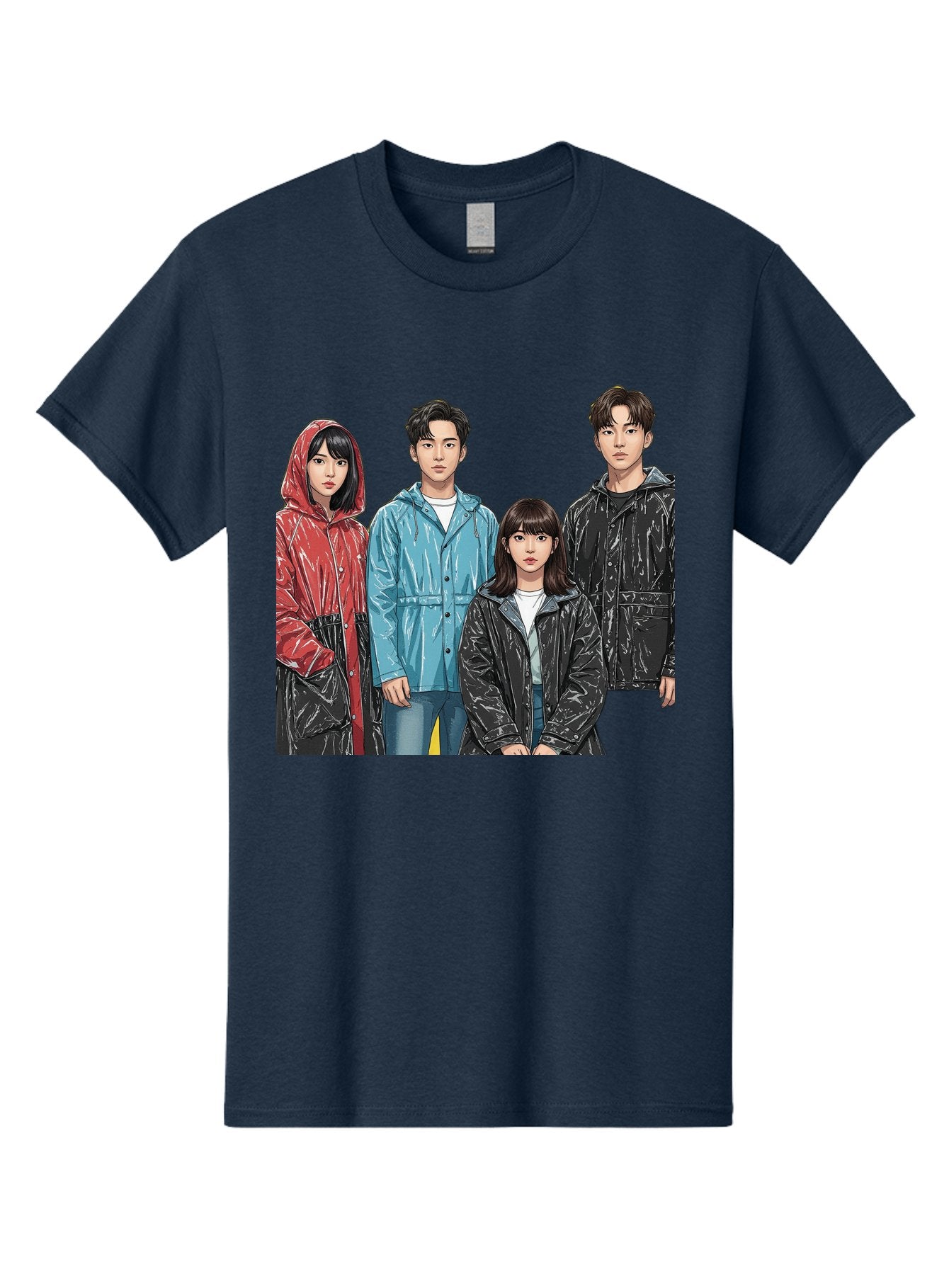 Four-People-In-Raincoats Men'S Graphic Tee, 100% Cotton, Comfortable Casual Summer Wear, Machine Washable, K-Pop Fashion, Raincoats, Youth Culture, Group Portrait, Black Hair, Stylish Clothing, Modern Teenagers, Trendy Outfits, Urban Style, Bab915 7