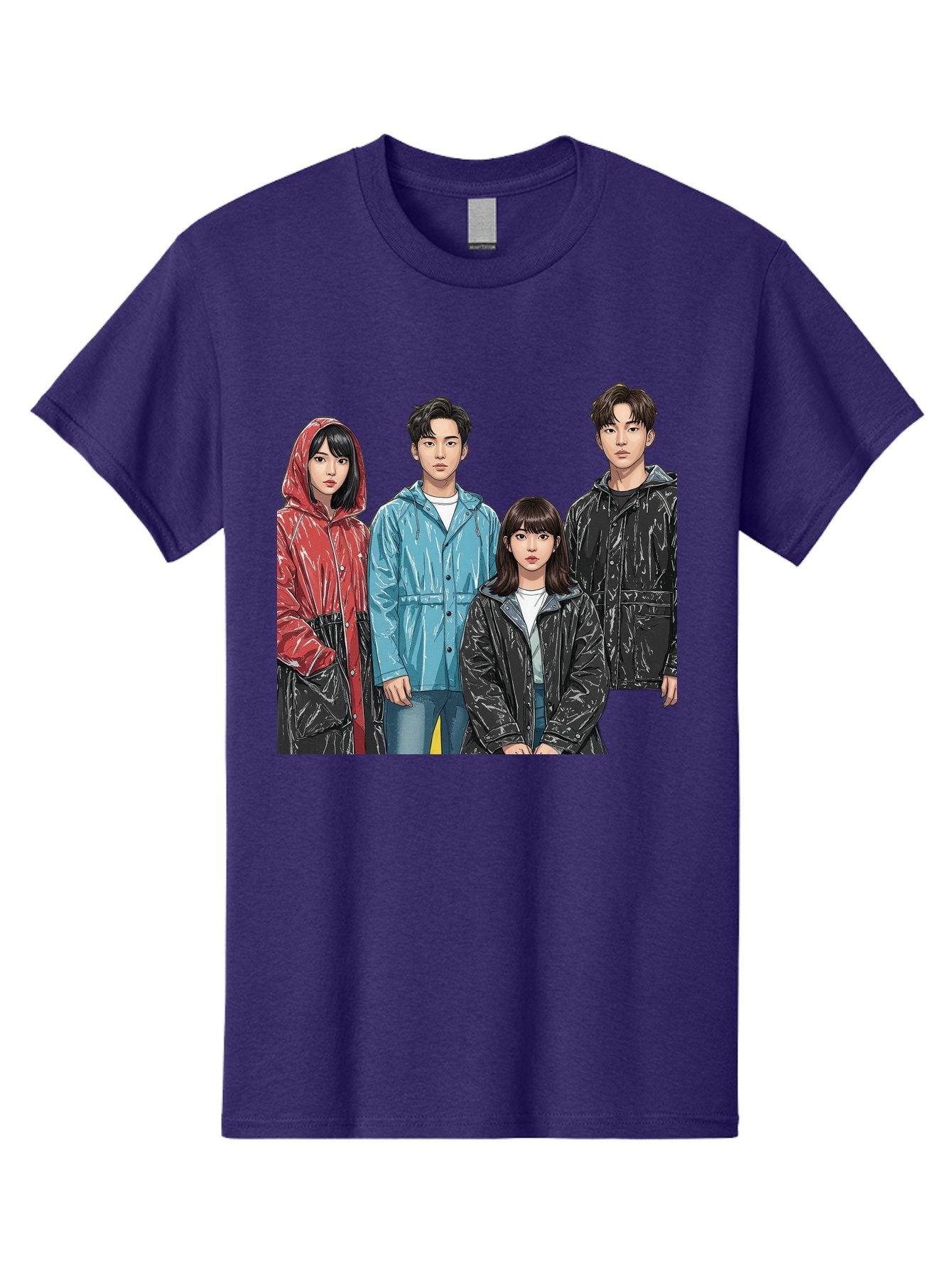 Four-People-In-Raincoats Men'S Graphic Tee, 100% Cotton, Comfortable Casual Summer Wear, Machine Washable, K-Pop Fashion, Raincoats, Youth Culture, Group Portrait, Black Hair, Stylish Clothing, Modern Teenagers, Trendy Outfits, Urban Style, Bab915 8