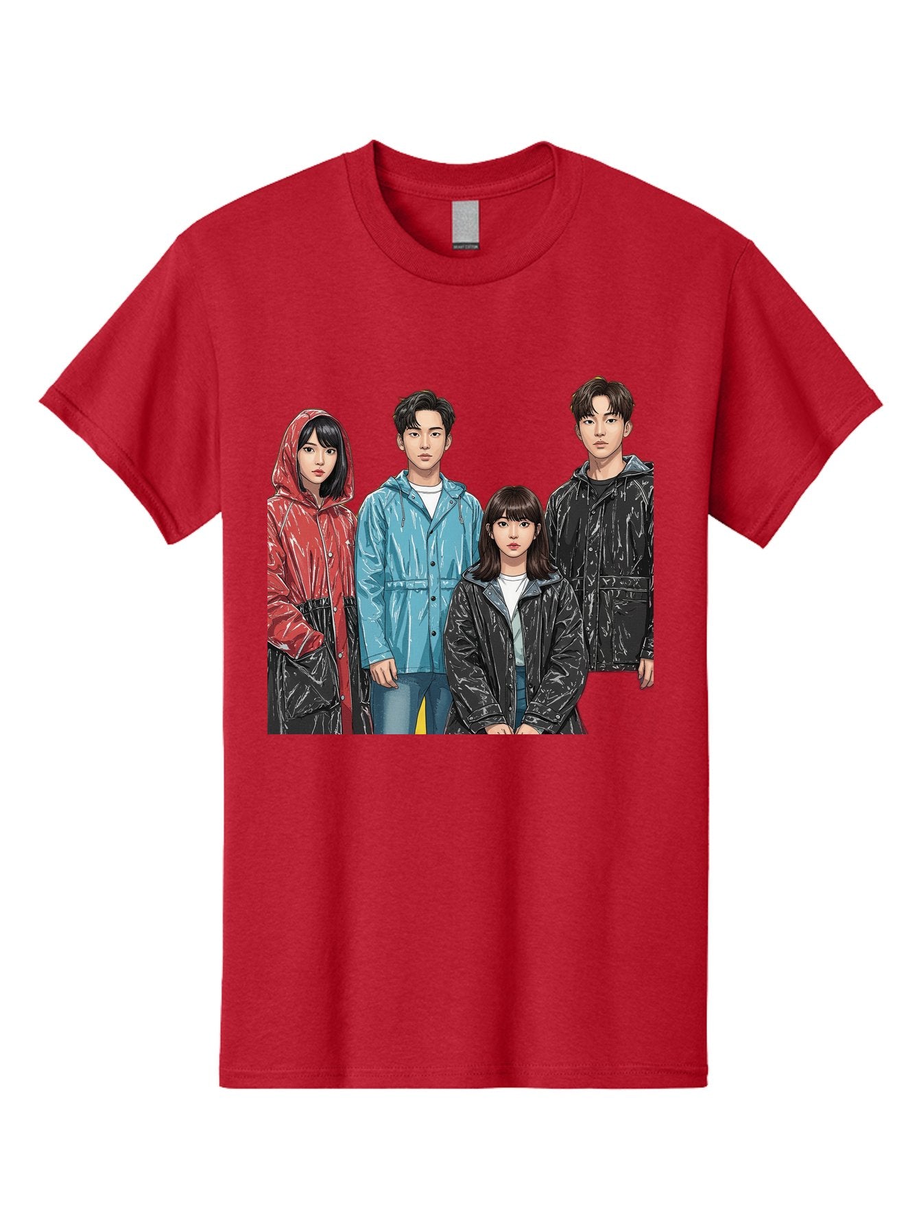 Four-People-In-Raincoats Men'S Graphic Tee, 100% Cotton, Comfortable Casual Summer Wear, Machine Washable, K-Pop Fashion, Raincoats, Youth Culture, Group Portrait, Black Hair, Stylish Clothing, Modern Teenagers, Trendy Outfits, Urban Style, Bab915 14