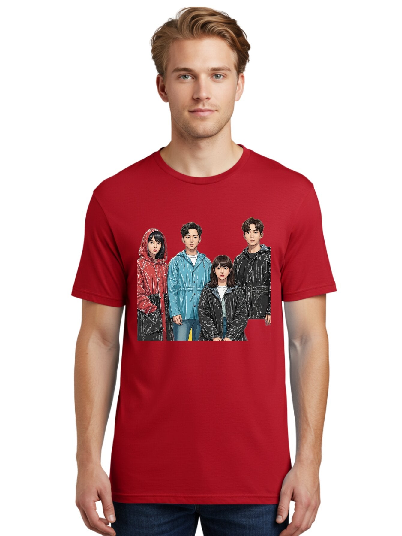Four-People-In-Raincoats Men'S Graphic Tee, 100% Cotton, Comfortable Casual Summer Wear, Machine Washable, K-Pop Fashion, Raincoats, Youth Culture, Group Portrait, Black Hair, Stylish Clothing, Modern Teenagers, Trendy Outfits, Urban Style, Bab915 29