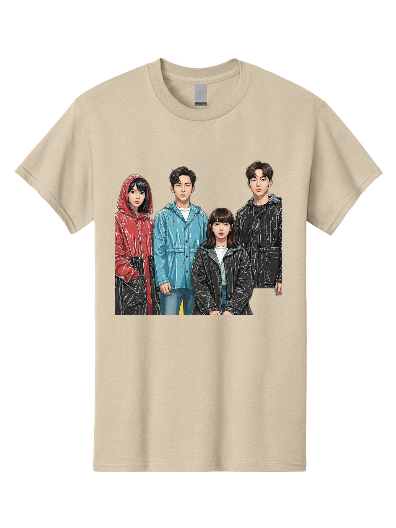 Four-People-In-Raincoats Men'S Graphic Tee, 100% Cotton, Comfortable Casual Summer Wear, Machine Washable, K-Pop Fashion, Raincoats, Youth Culture, Group Portrait, Black Hair, Stylish Clothing, Modern Teenagers, Trendy Outfits, Urban Style, Bab915 9