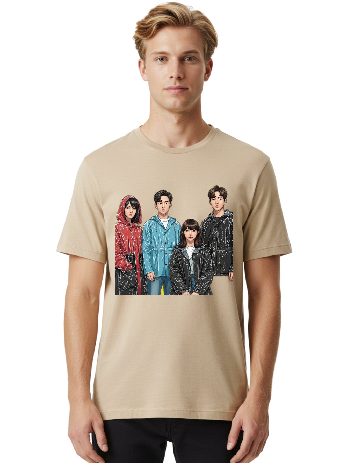 Four-People-In-Raincoats Men'S Graphic Tee, 100% Cotton, Comfortable Casual Summer Wear, Machine Washable, K-Pop Fashion, Raincoats, Youth Culture, Group Portrait, Black Hair, Stylish Clothing, Modern Teenagers, Trendy Outfits, Urban Style, Bab915 26
