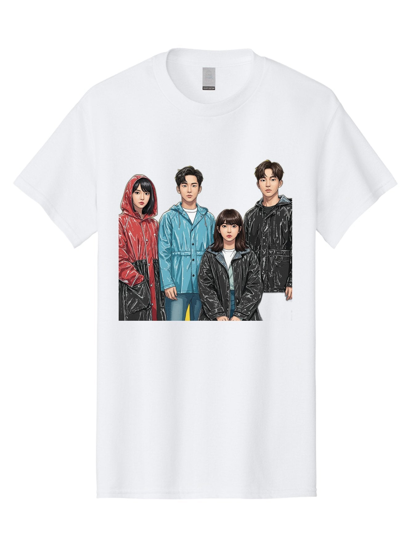 Four-People-In-Raincoats Men'S Graphic Tee, 100% Cotton, Comfortable Casual Summer Wear, Machine Washable, K-Pop Fashion, Raincoats, Youth Culture, Group Portrait, Black Hair, Stylish Clothing, Modern Teenagers, Trendy Outfits, Urban Style, Bab915 3