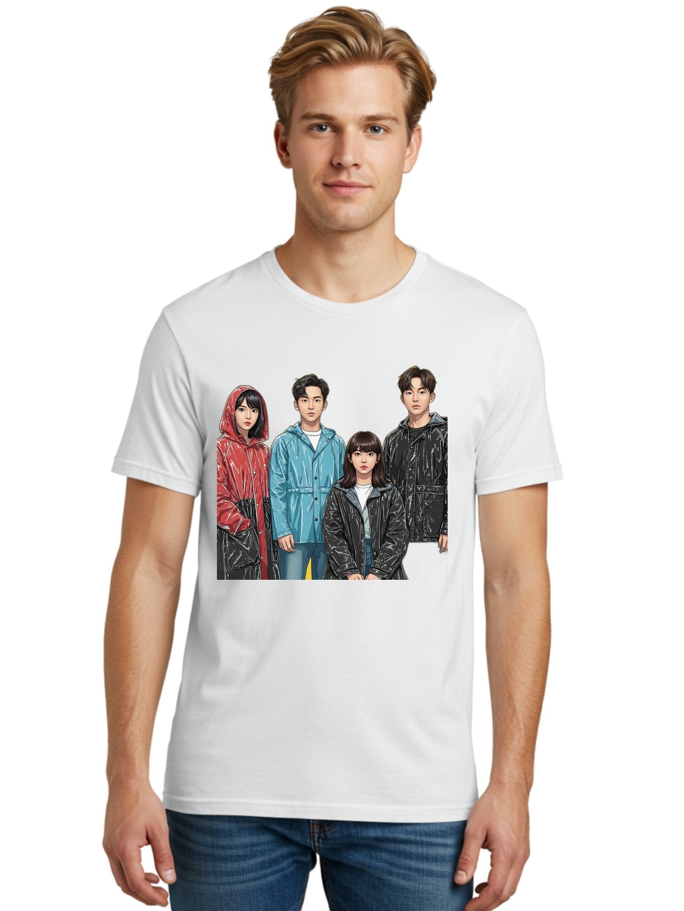 Four-People-In-Raincoats Men'S Graphic Tee, 100% Cotton, Comfortable Casual Summer Wear, Machine Washable, K-Pop Fashion, Raincoats, Youth Culture, Group Portrait, Black Hair, Stylish Clothing, Modern Teenagers, Trendy Outfits, Urban Style, Bab915 22