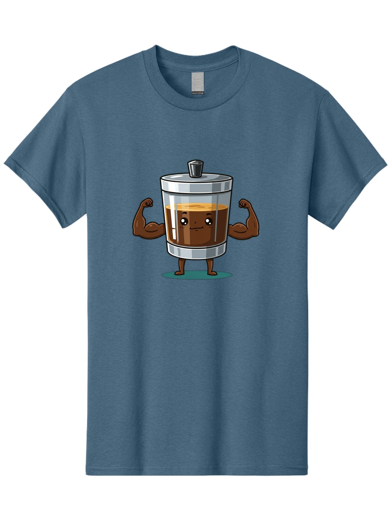French-Press Men'S Graphic Tee, 100% Cotton, Comfortable Casual Summer Wear, Machine Washable, Cartoon Character, French Press, Coffee, Muscles, Flexing Arms, Happy Expression, Fitness, Motivation, Coffee Culture Bab916 6
