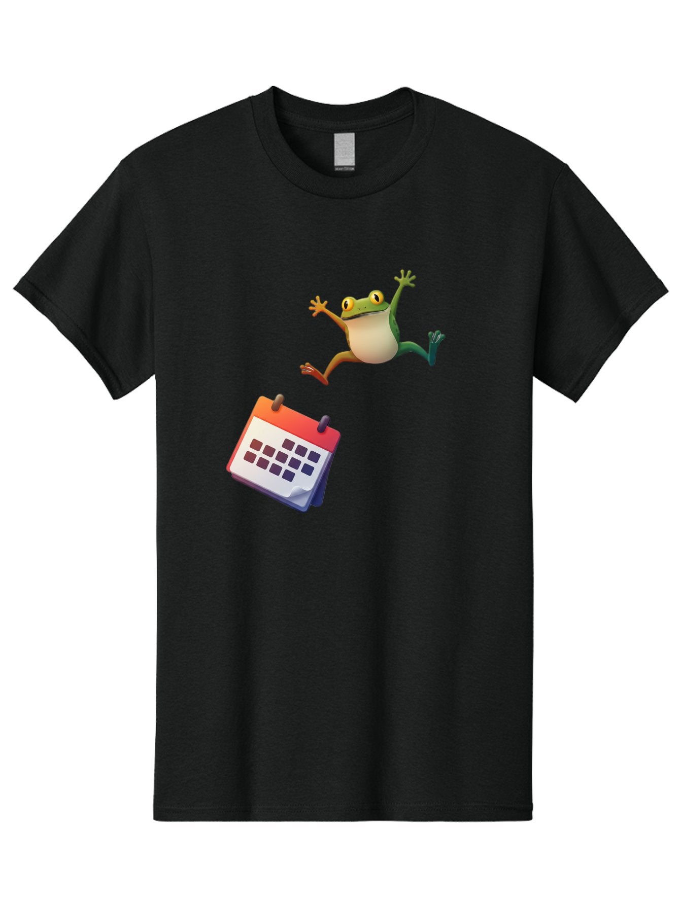 Frog-And-Calendar Men'S Graphic Tee, 100% Cotton, Comfortable Casual Summer Wear, Machine Washable, Cartoon Frog Jumping, Calendar With Blank Dates, Green Frog Character, Funny Amphibian, Calendar Design, Cartoon Style, Digital Illustration, Bab917 6