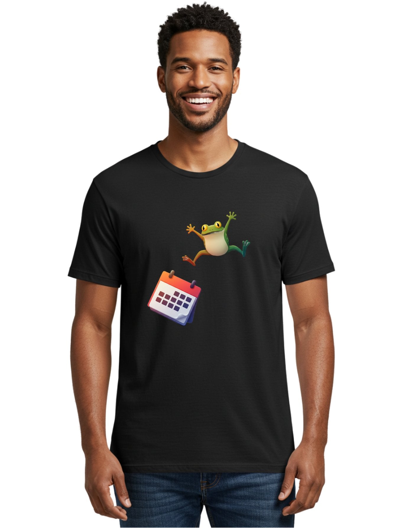 Frog-And-Calendar Men'S Graphic Tee, 100% Cotton, Comfortable Casual Summer Wear, Machine Washable, Cartoon Frog Jumping, Calendar With Blank Dates, Green Frog Character, Funny Amphibian, Calendar Design, Cartoon Style, Digital Illustration, Bab917 24