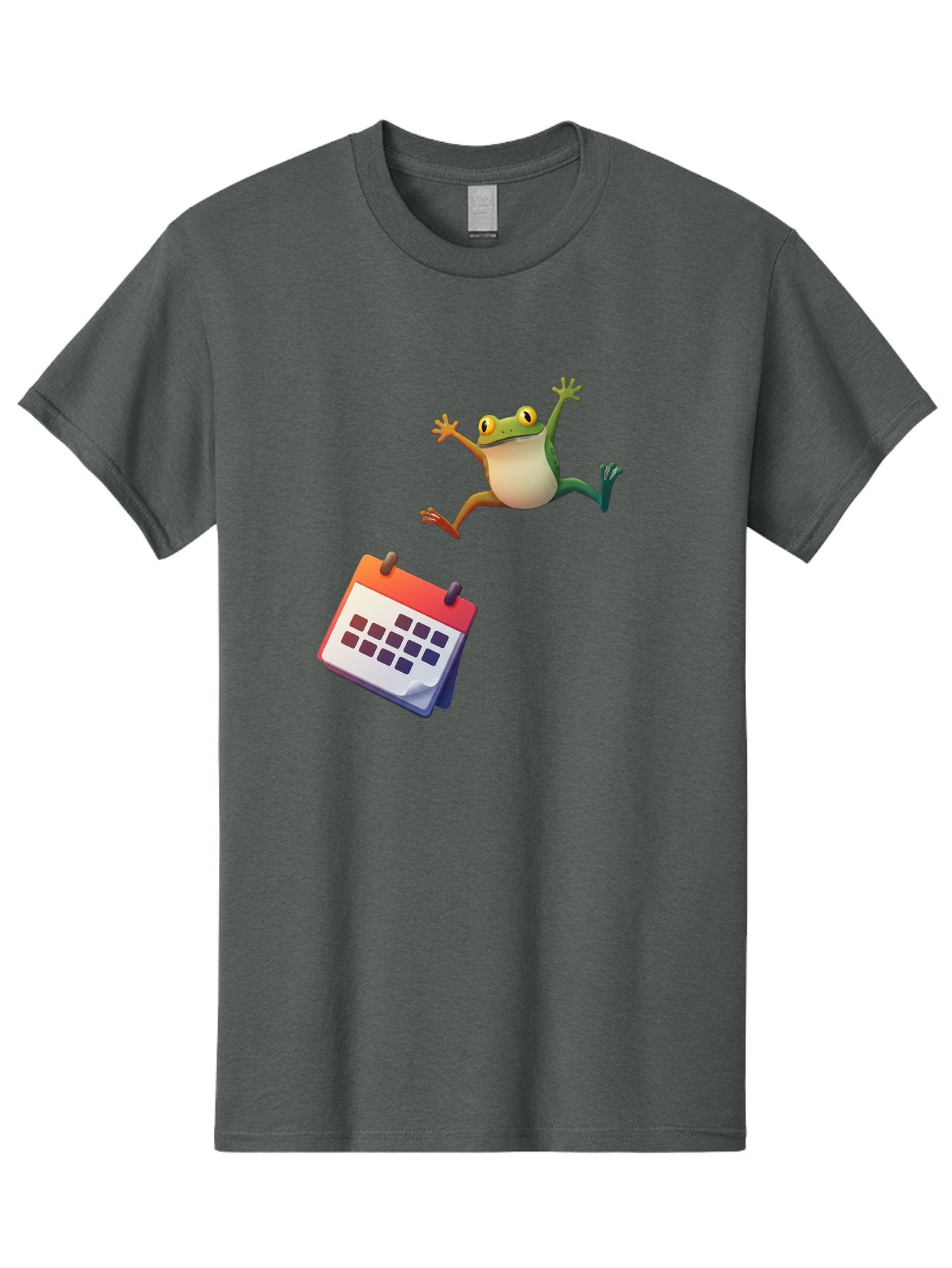 Frog-And-Calendar Men'S Graphic Tee, 100% Cotton, Comfortable Casual Summer Wear, Machine Washable, Cartoon Frog Jumping, Calendar With Blank Dates, Green Frog Character, Funny Amphibian, Calendar Design, Cartoon Style, Digital Illustration, Bab917 15