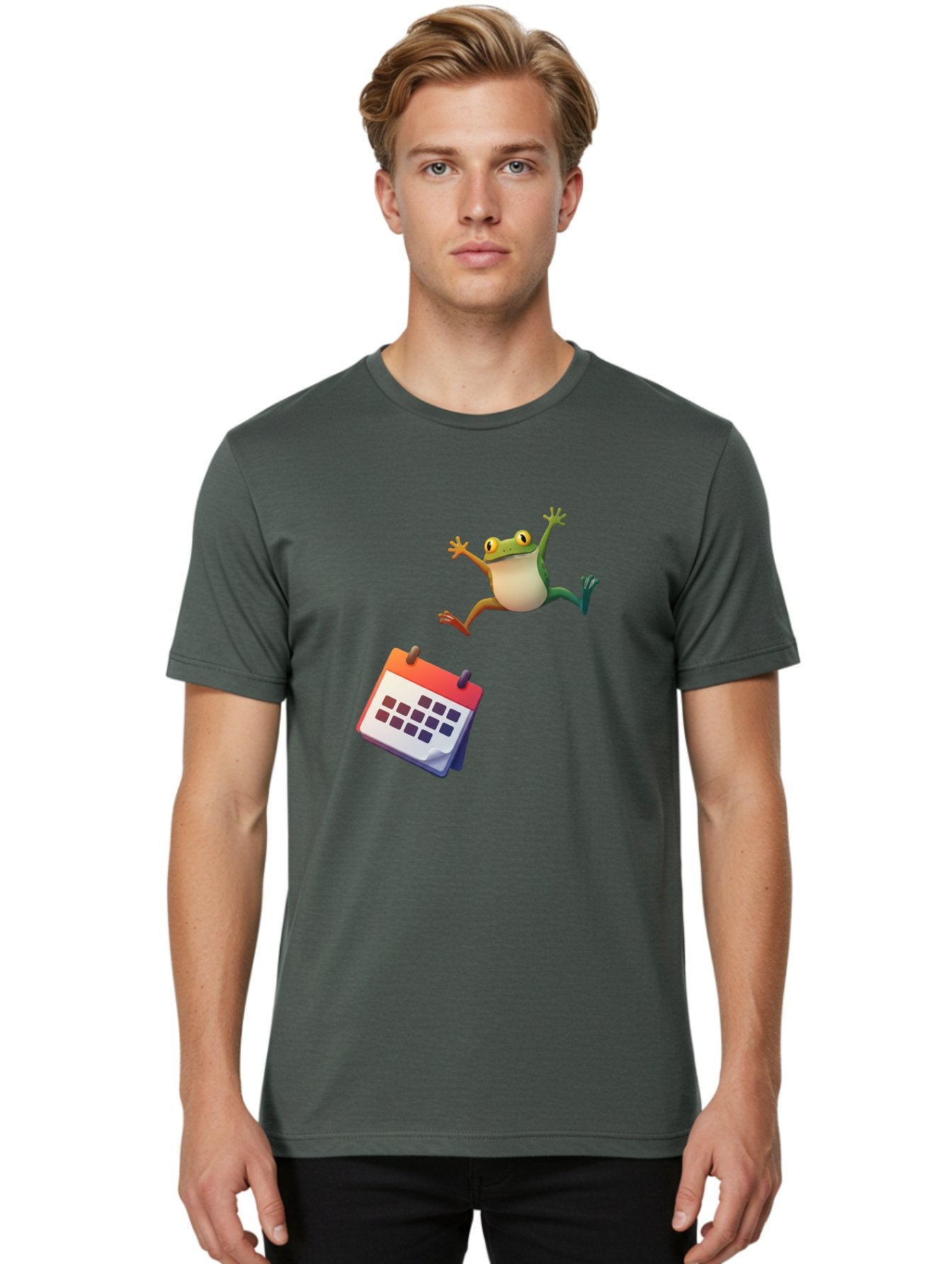 Frog-And-Calendar Men'S Graphic Tee, 100% Cotton, Comfortable Casual Summer Wear, Machine Washable, Cartoon Frog Jumping, Calendar With Blank Dates, Green Frog Character, Funny Amphibian, Calendar Design, Cartoon Style, Digital Illustration, Bab917 30