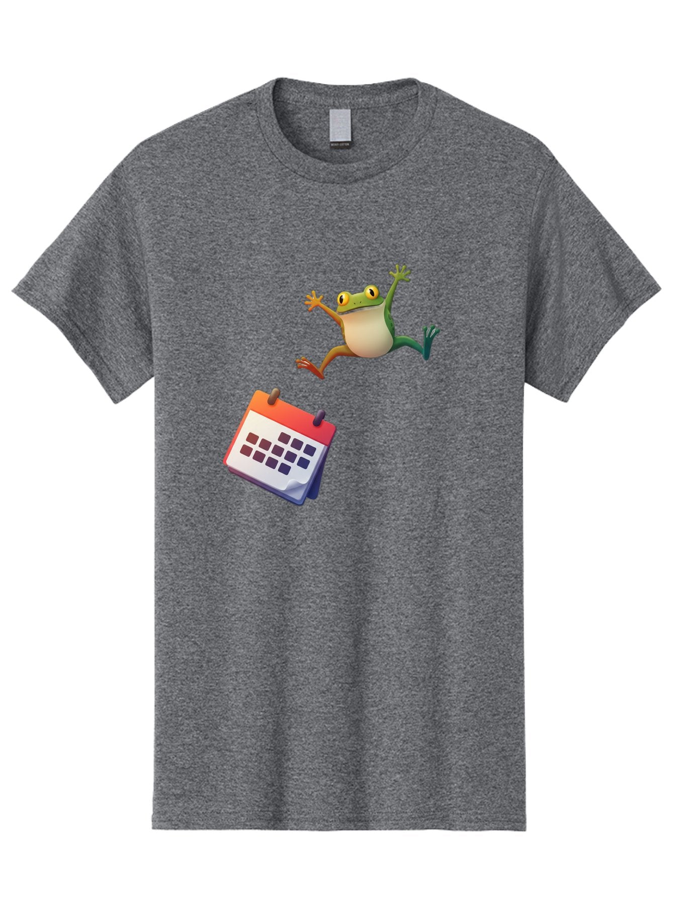 Frog-And-Calendar Men'S Graphic Tee, 100% Cotton, Comfortable Casual Summer Wear, Machine Washable, Cartoon Frog Jumping, Calendar With Blank Dates, Green Frog Character, Funny Amphibian, Calendar Design, Cartoon Style, Digital Illustration, Bab917